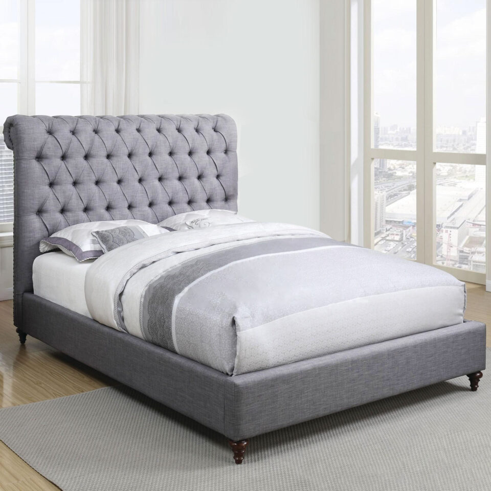 Rolled Top Upholstered Linen Bed With 2 Nightstand…