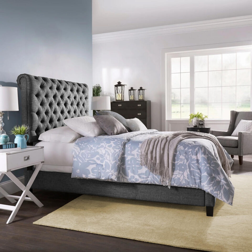Tufted Roll-Top Linen Bed