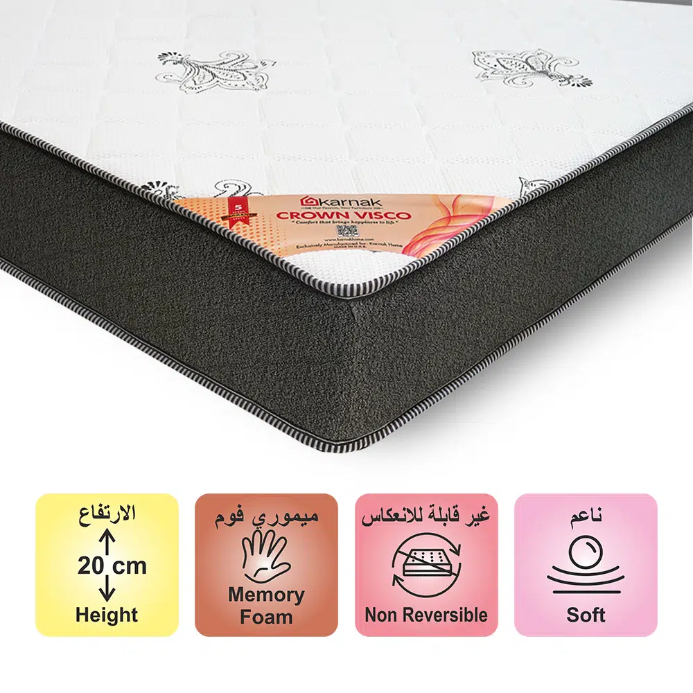 Crown Visco Memory Foam Mattress (Soft Feel) 20cm Thickness – 5 Years Warranty