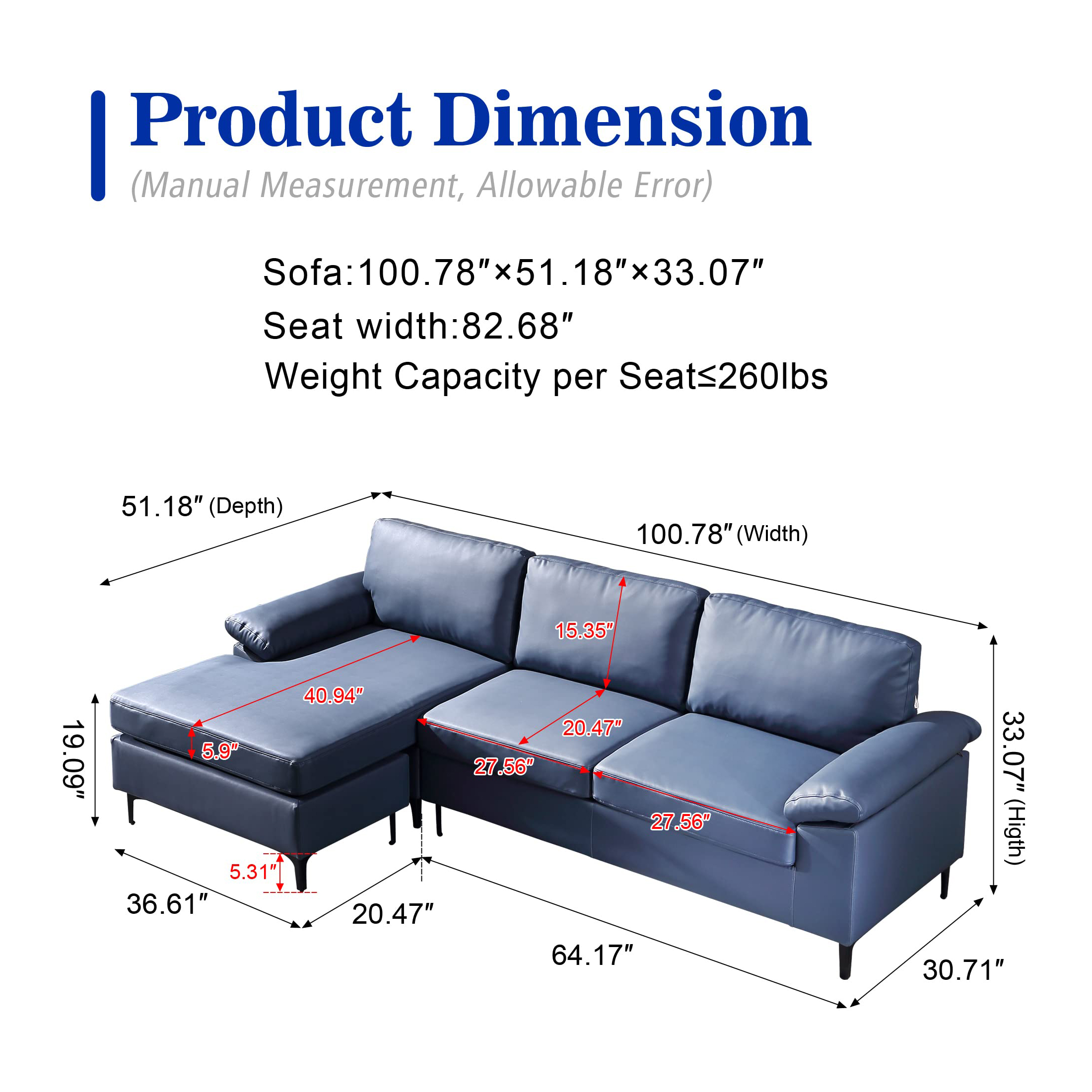 Rossi 3-Seater L-Shape Leather Sofa – Blue
