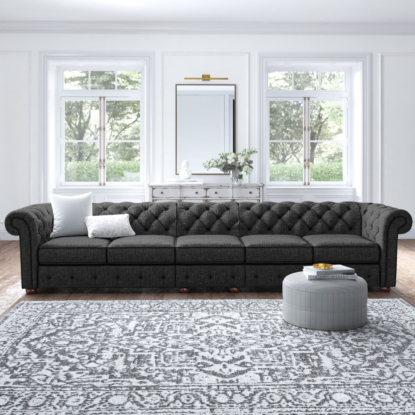 Classic Button Tufted 5 Seater Linen Sofa