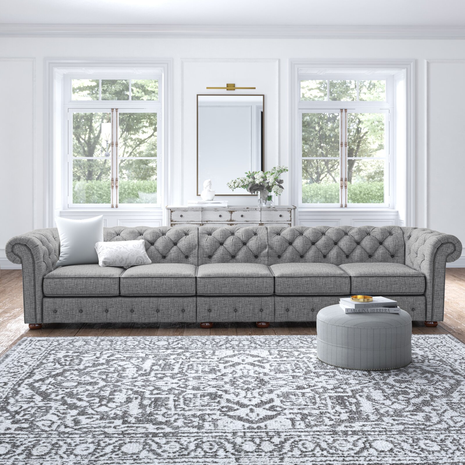 Classic Button Tufted 5 Seater Linen Sofa