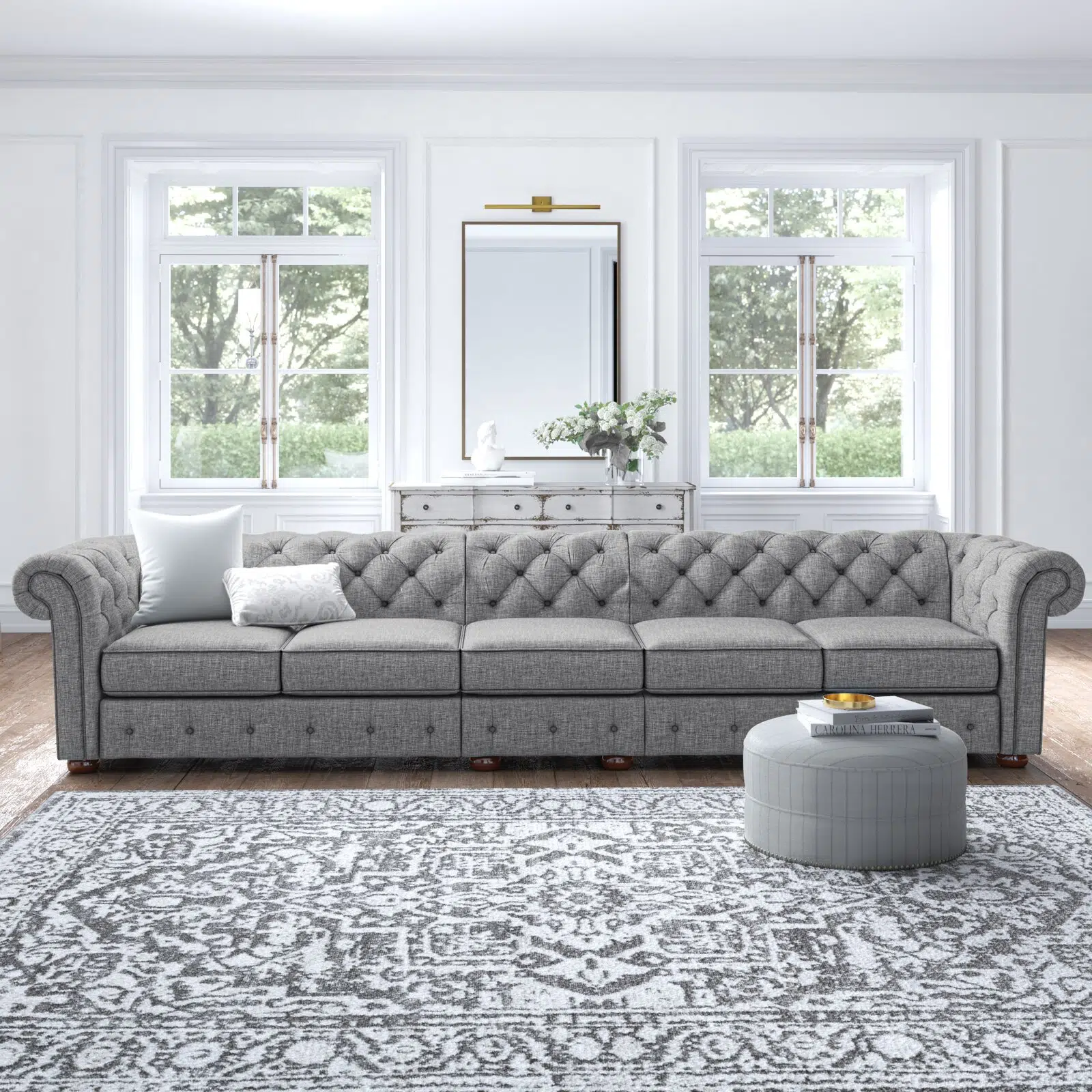 Classic Button Tufted 5 Seater Linen Sofa