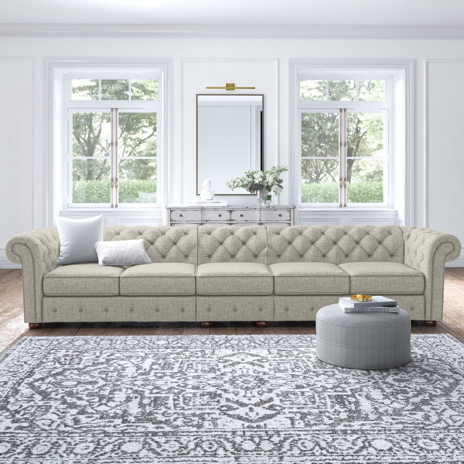 Classic Button Tufted 5 Seater Linen Sofa