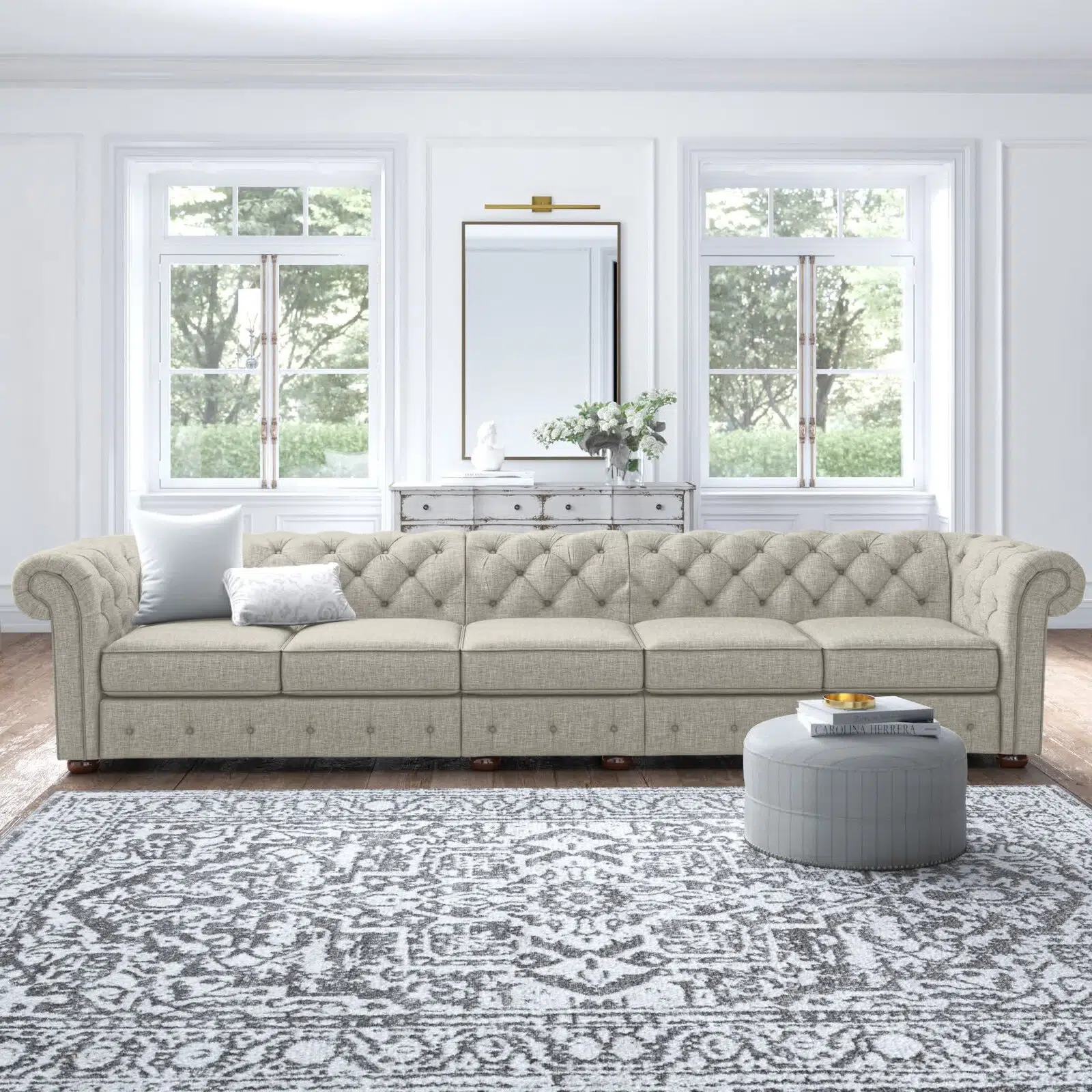 Classic Button Tufted 5 Seater Linen Sofa