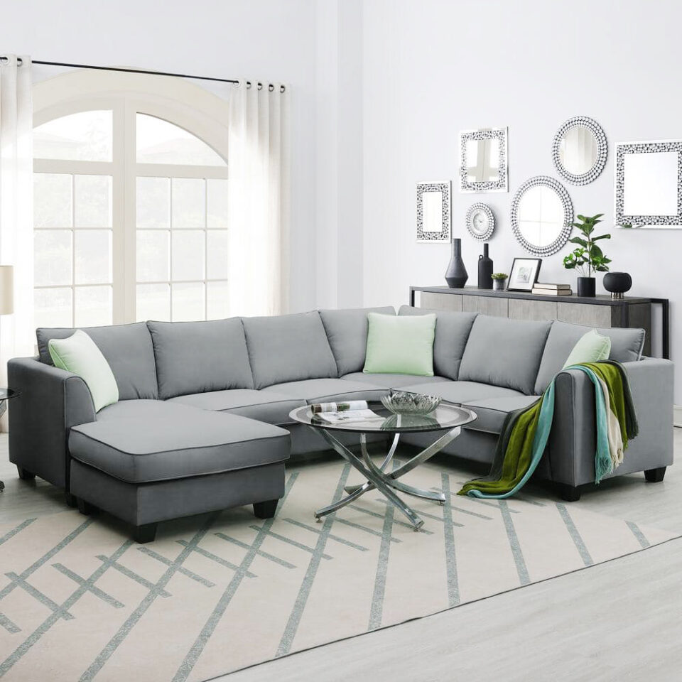 Adeline 6 Seater U-Shape Velvet Sofa – Grey…