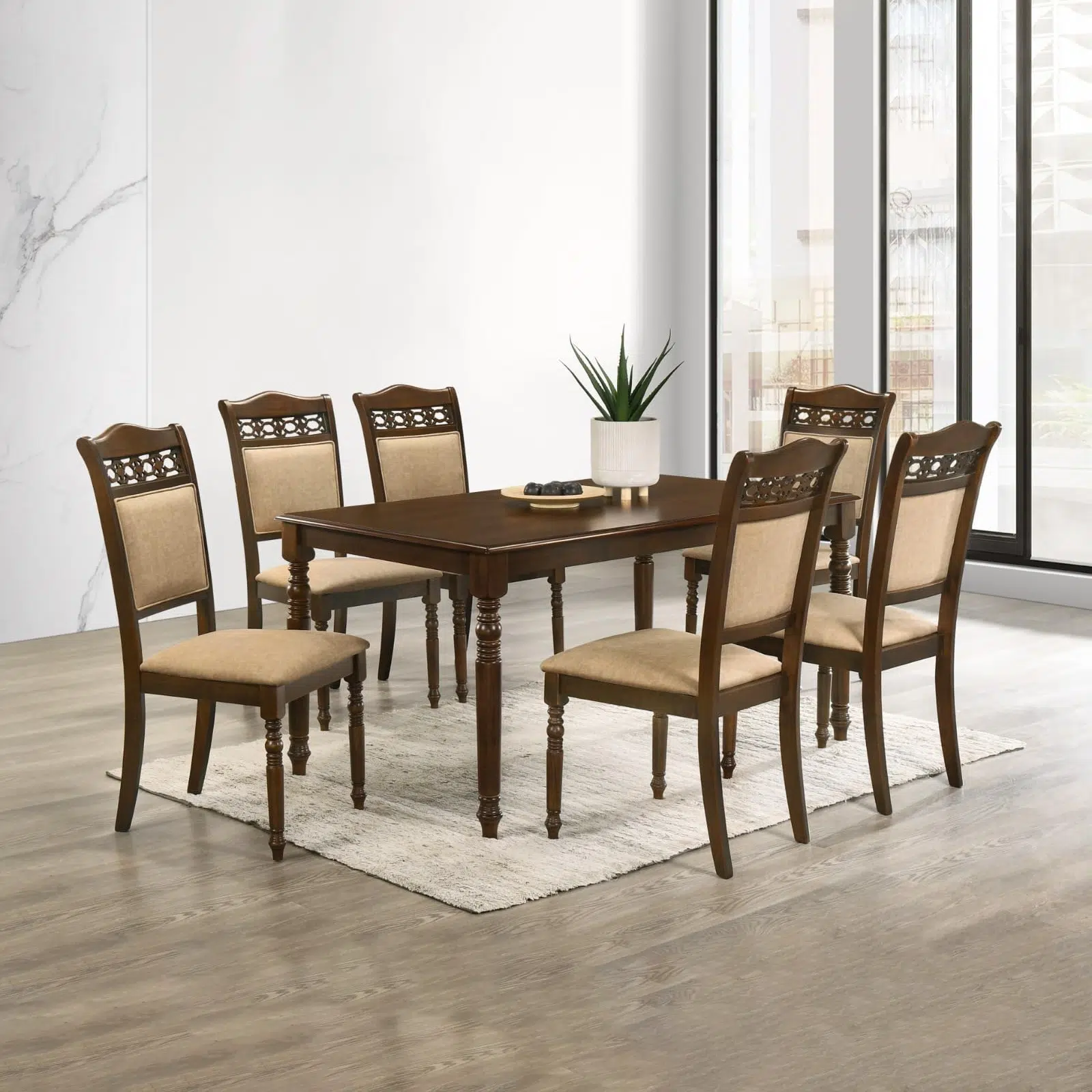 Latasha 1+6 Table+Chairs Dining Table Set – Brown Cherry