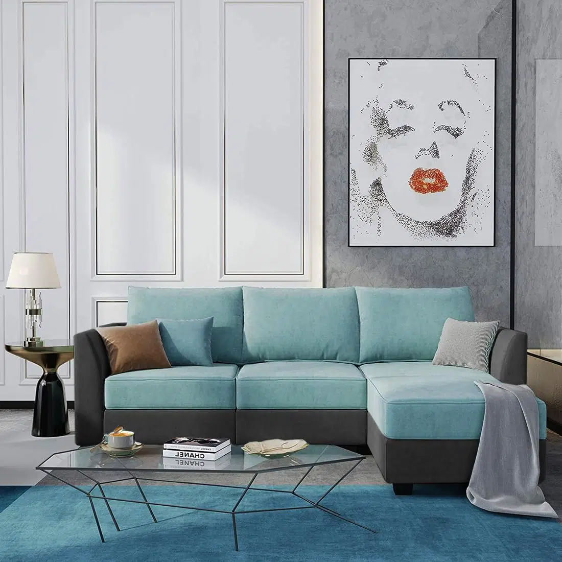 Joston 3 Seater L-Shape Polyester Sofa – Blue, Dark Grey
