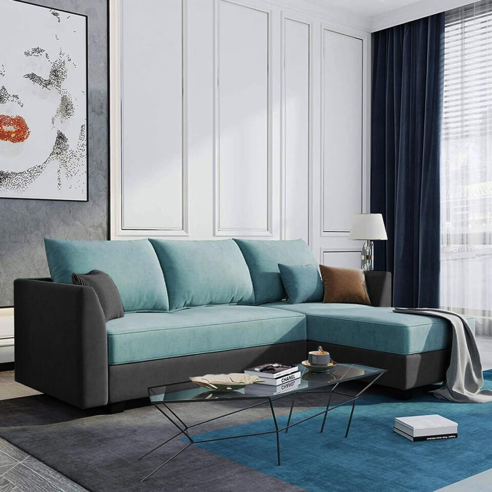 Joston 3 Seater L-Shape Polyester Sofa – Blue, Dark Grey…