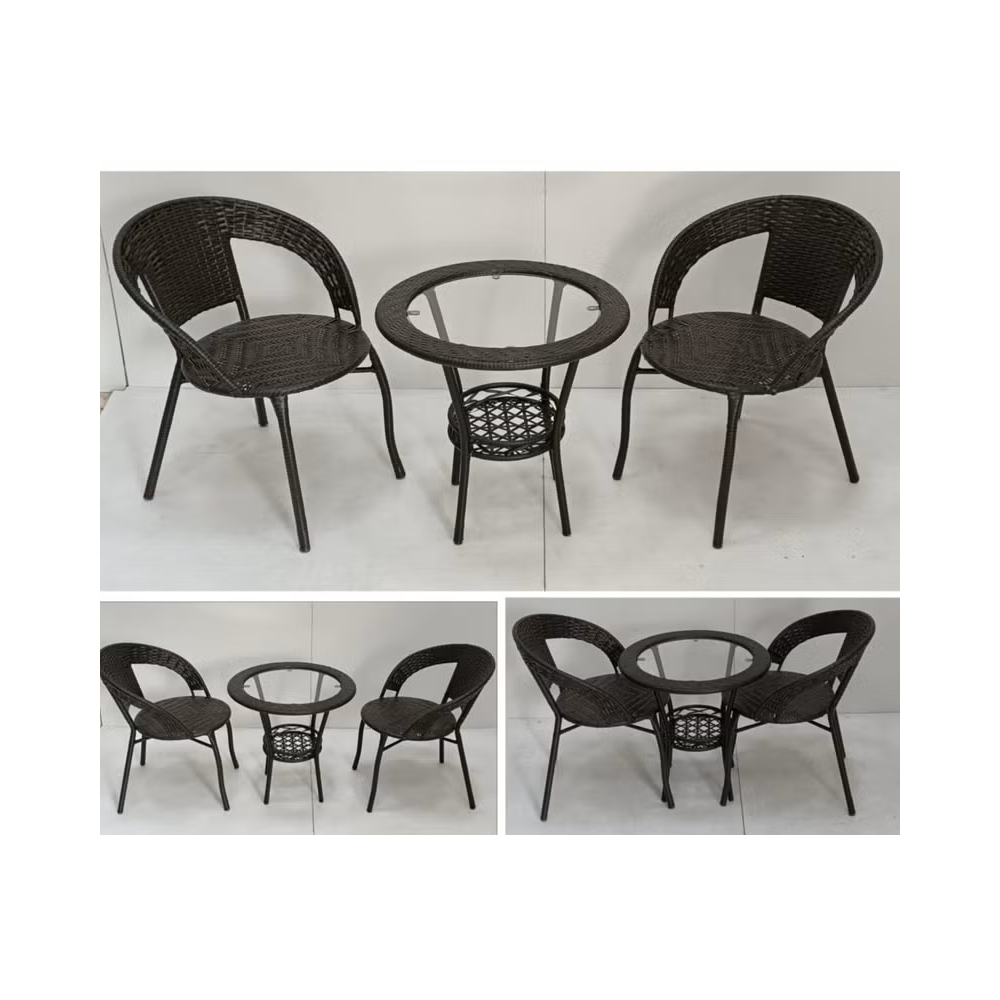 Patio 3 Pieces Rattan Dining Set Table with Wicker Glass Top