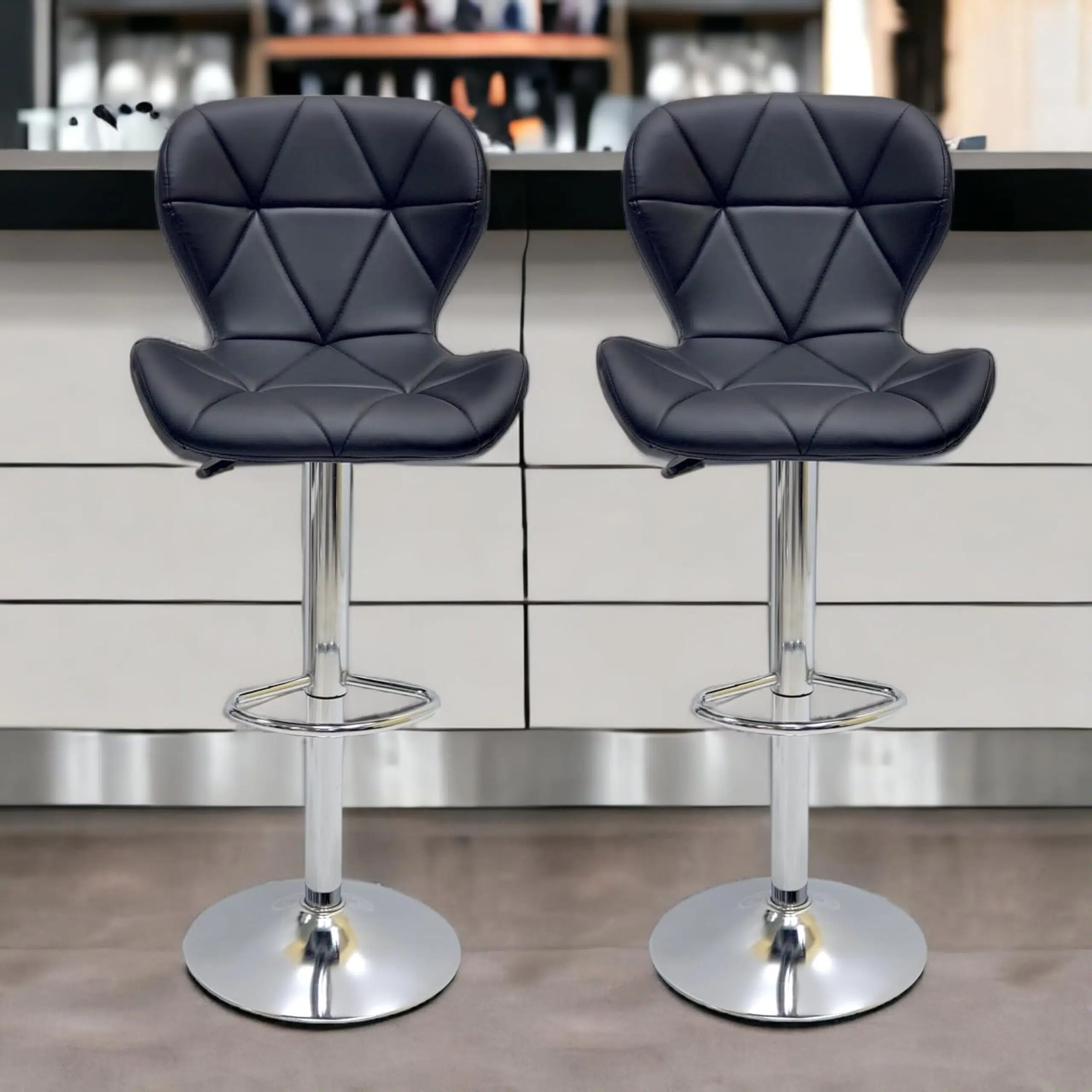 Modern Adjustable Bar Stools with PU Leather, Chrome Base, Set of 2