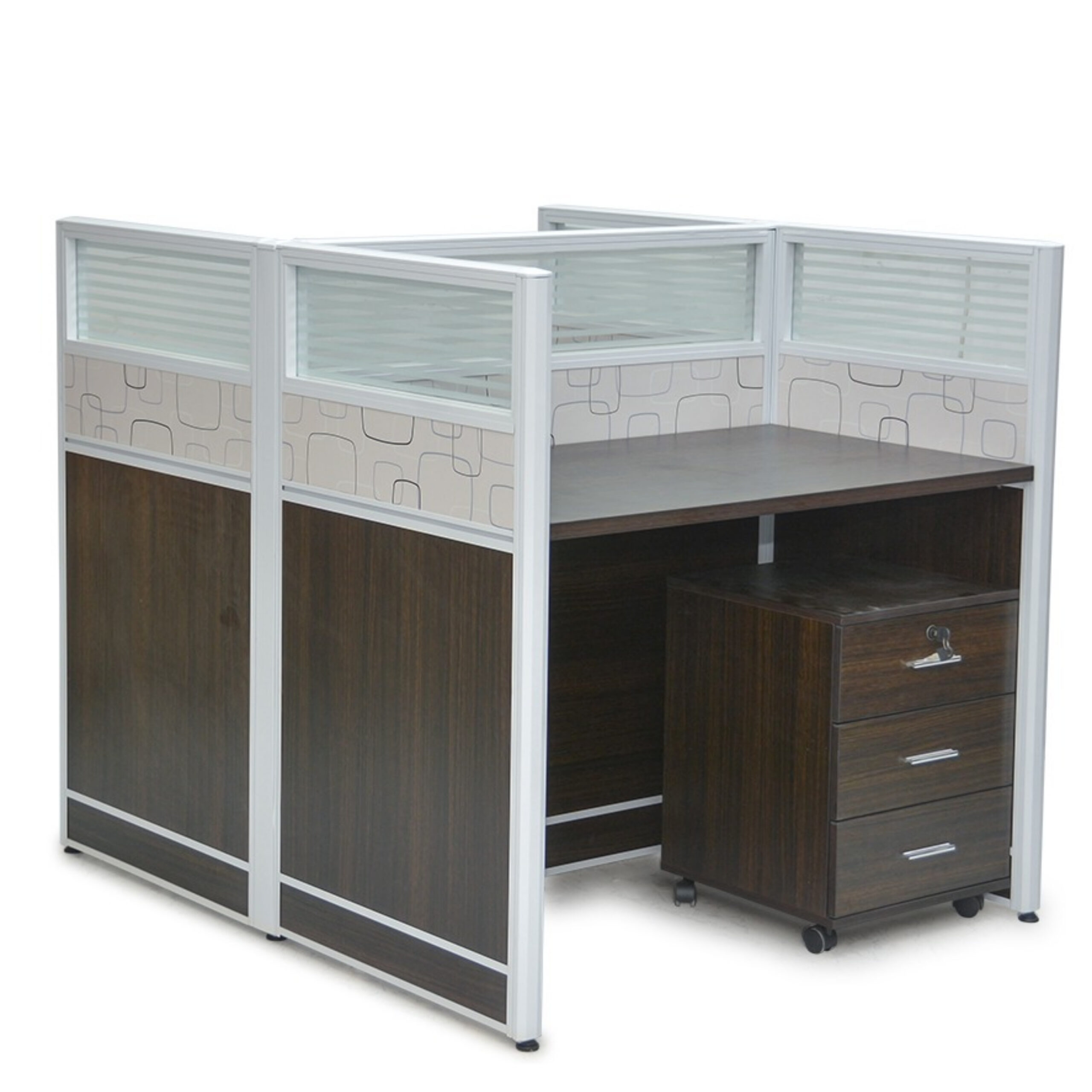 2-Person Workstation Desk With Table Top Screen Divider With Drawers- Color Coffee