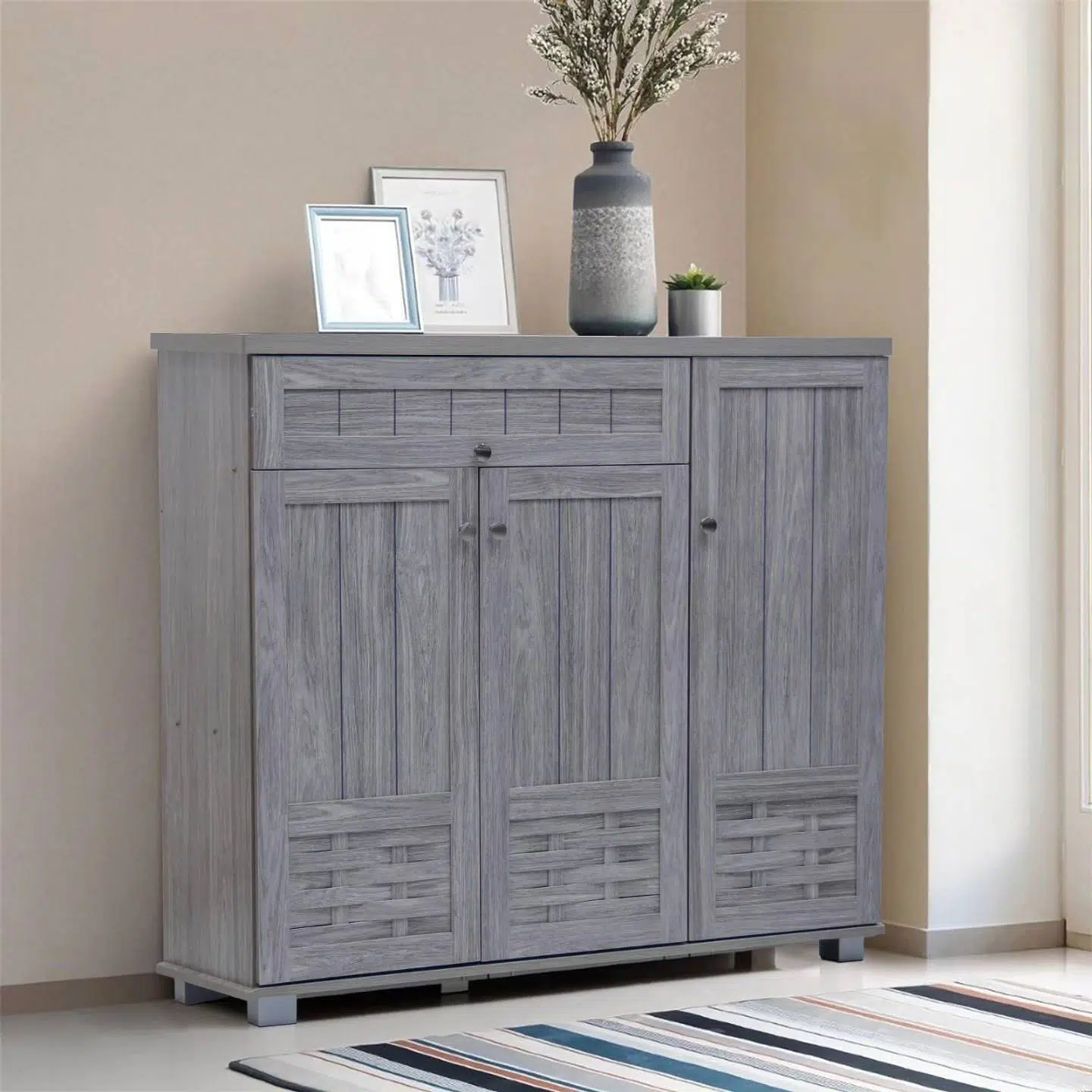 Modern Wooden Shoe Rack with Dustproof Cover – Grey Oak