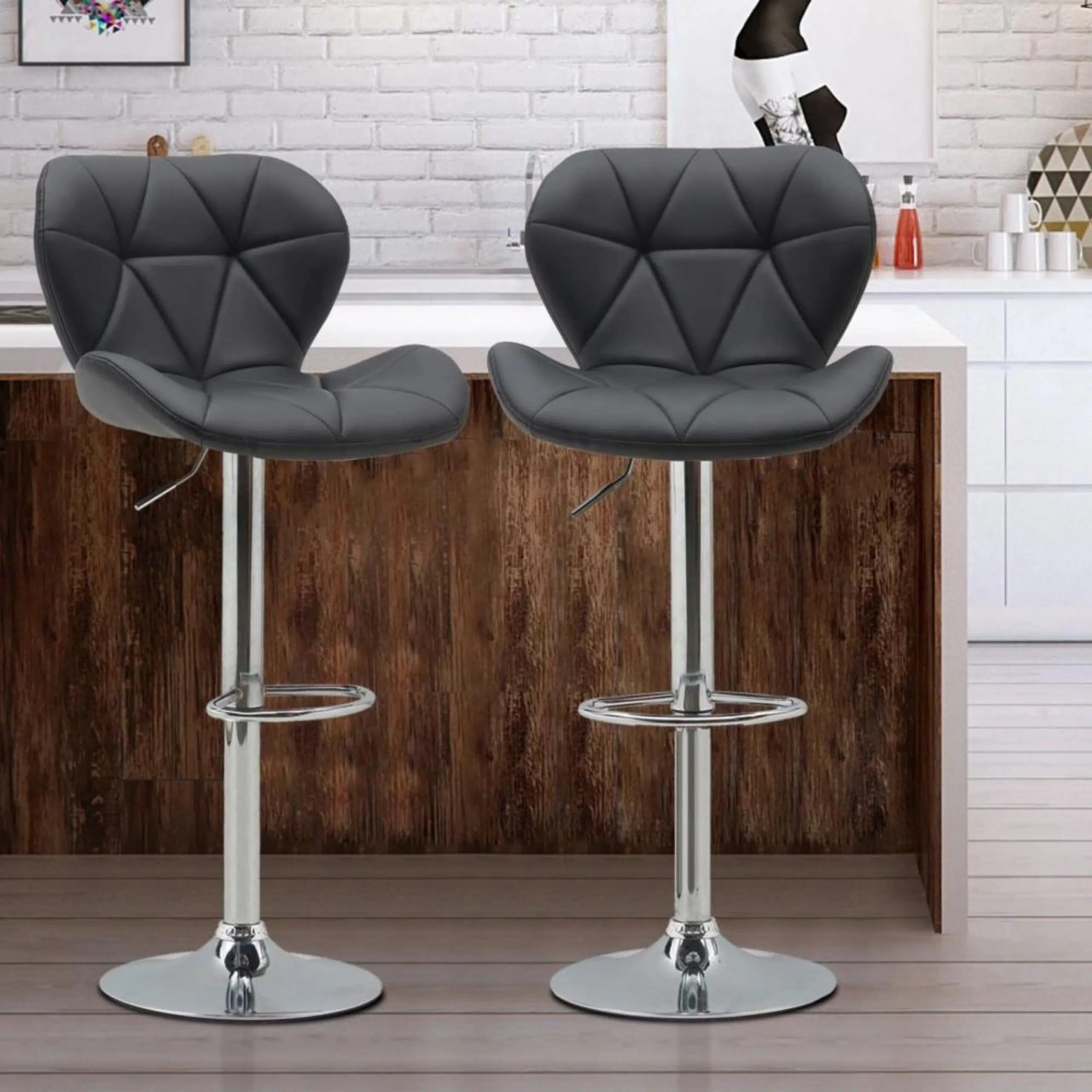 Modern Adjustable Bar Stools with PU Leather, Chrome Base, Set of 2