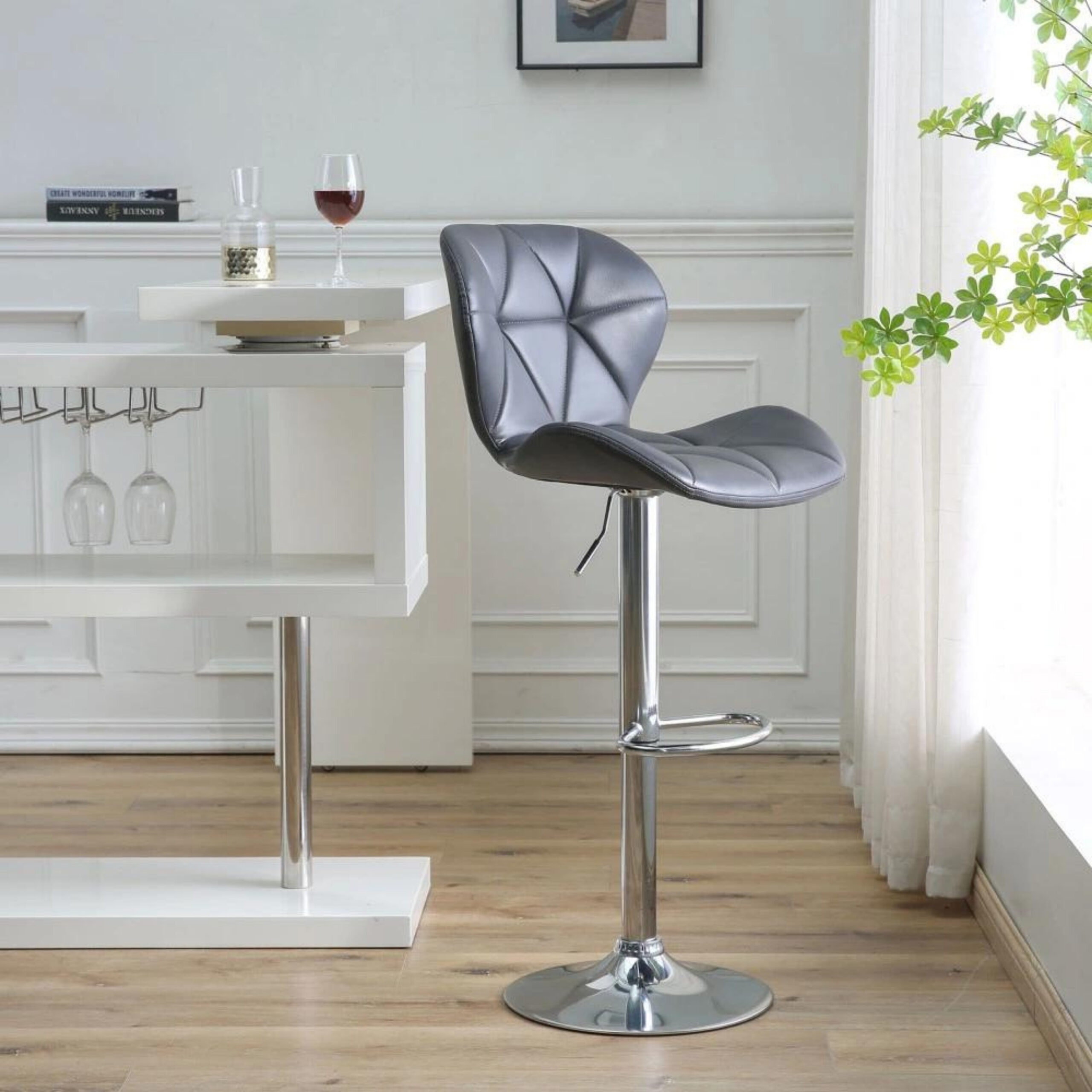 Modern Adjustable Bar Stools with PU Leather, Chrome Base, Set of 2