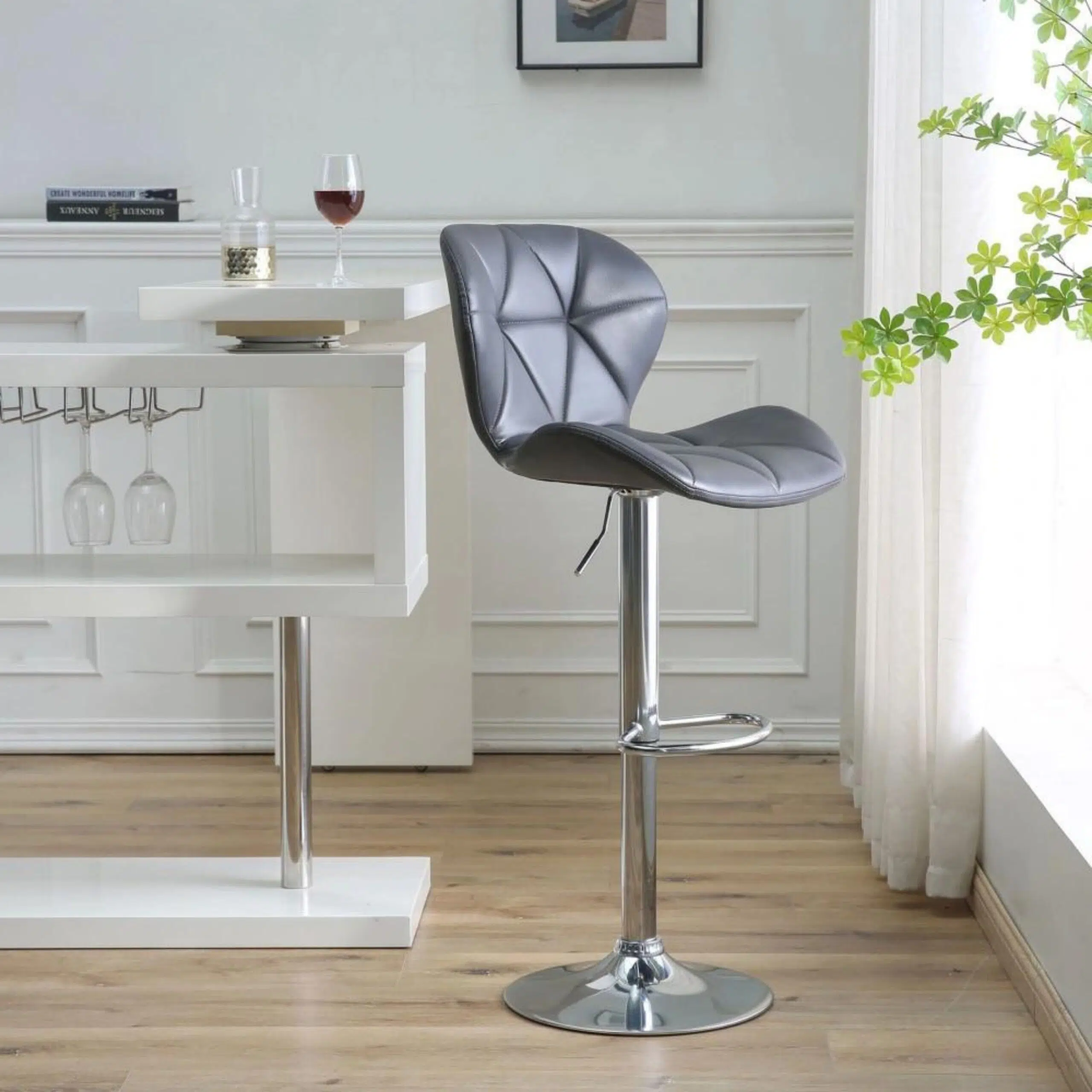 Modern Adjustable Bar Stools with PU Leather, Chrome Base, Set of 2