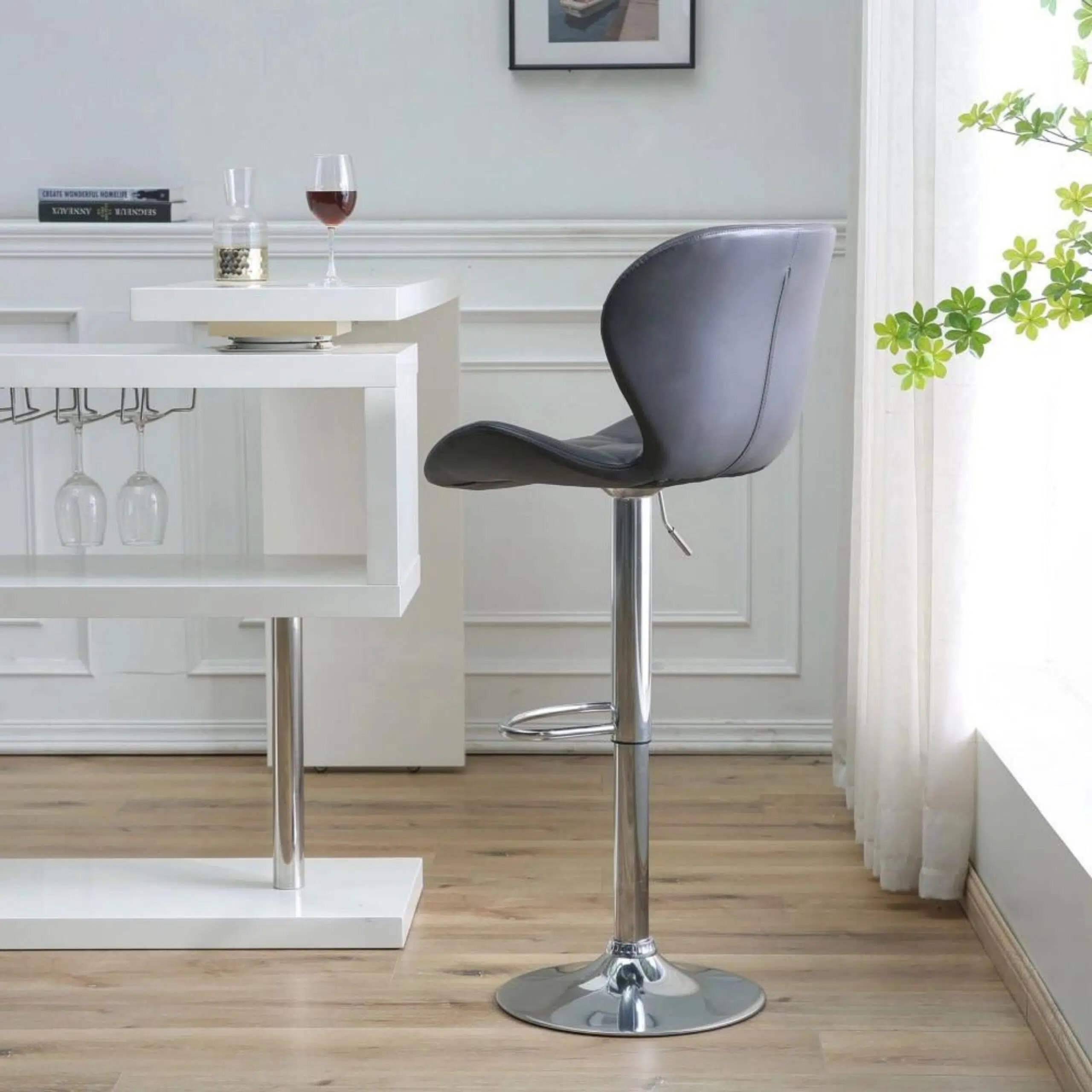Modern Adjustable Bar Stools with PU Leather, Chrome Base, Set of 2