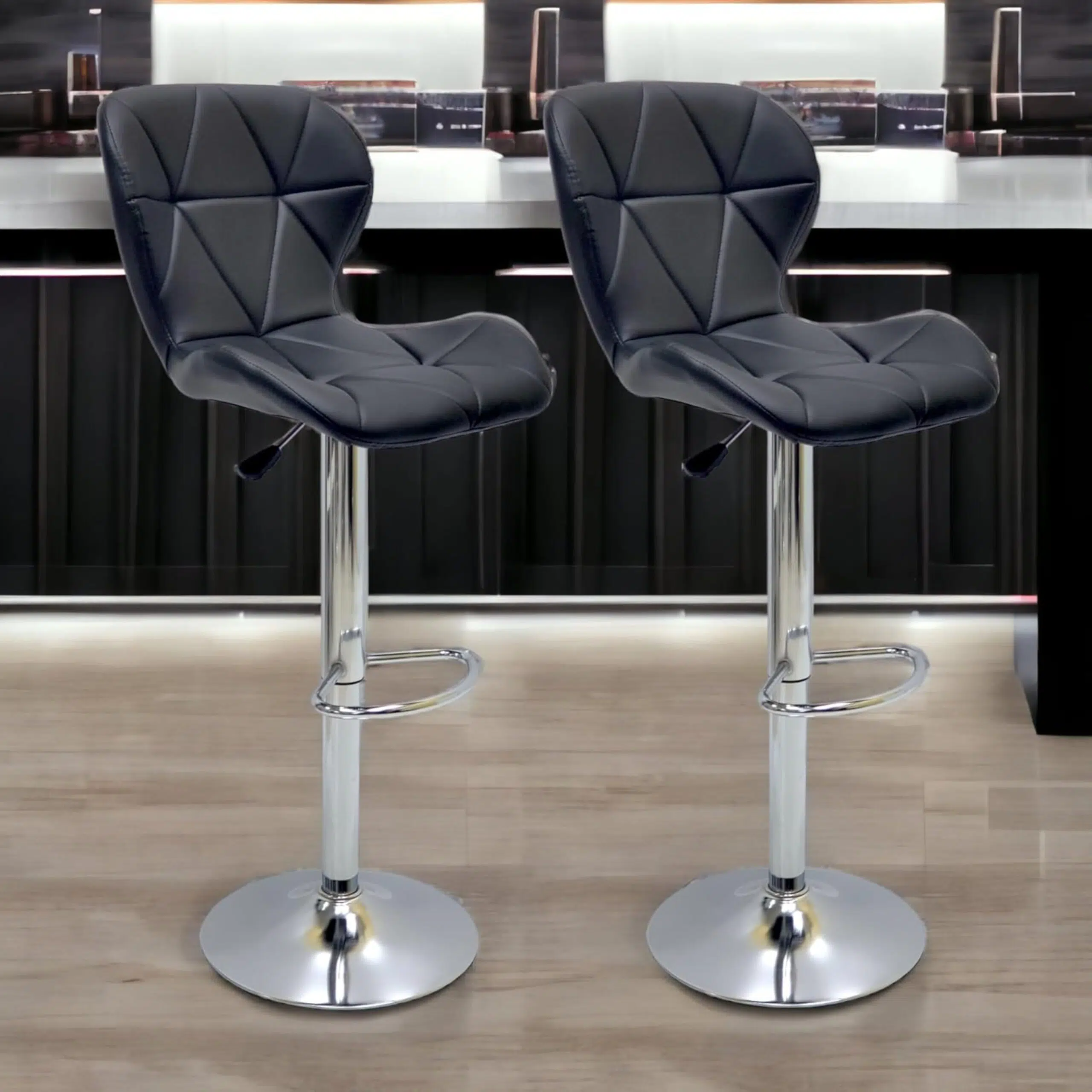 Modern Adjustable Bar Stools with PU Leather, Chrome Base, Set of 2