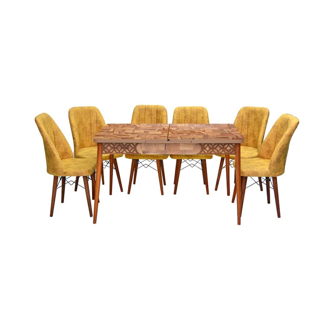 Morden 6 Seater Dining Table Chairs Set – Yellow 130/170cm