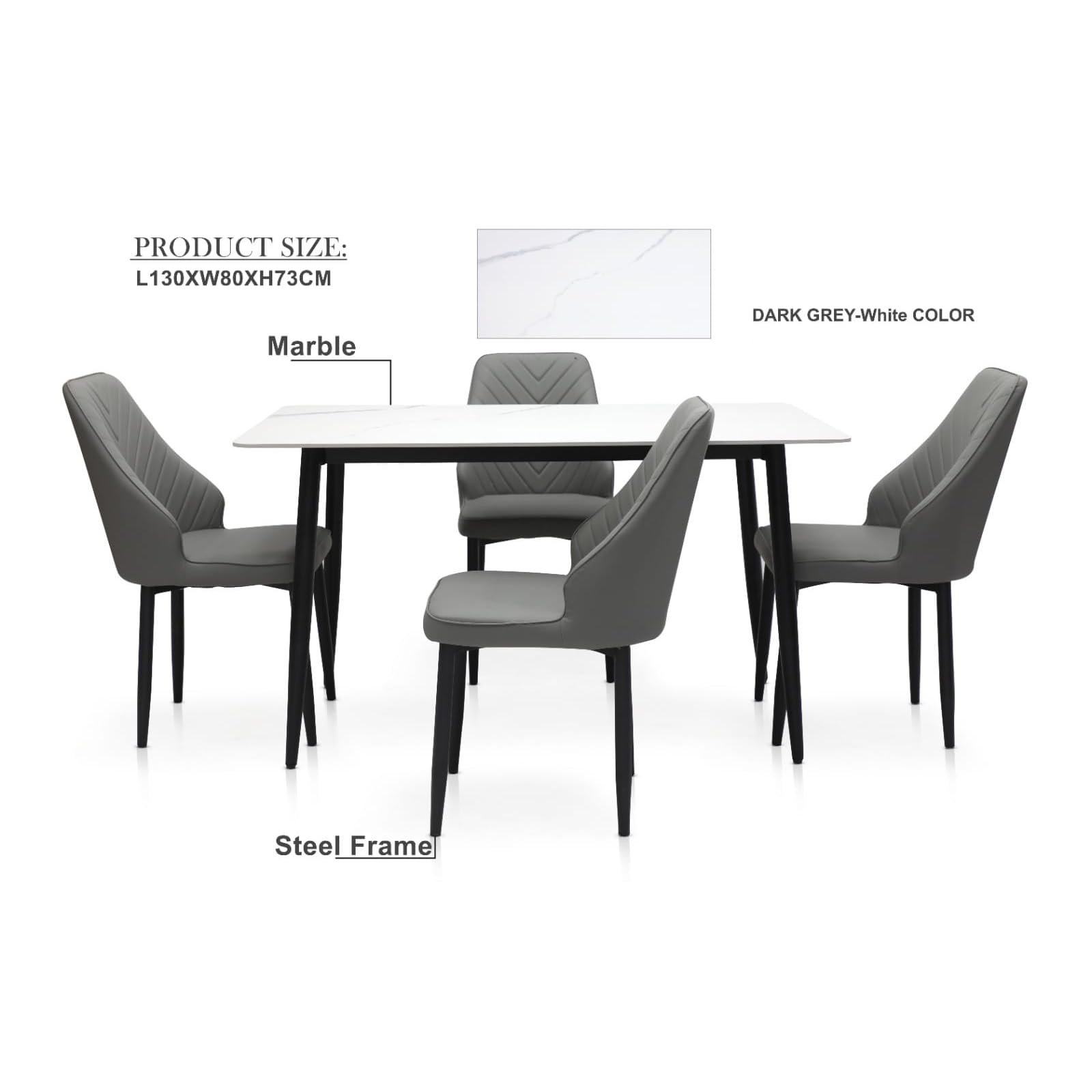 Wooden 4 Seater Twist Kitchen Dining Table Top Marble Leather Chair – Dark Grey