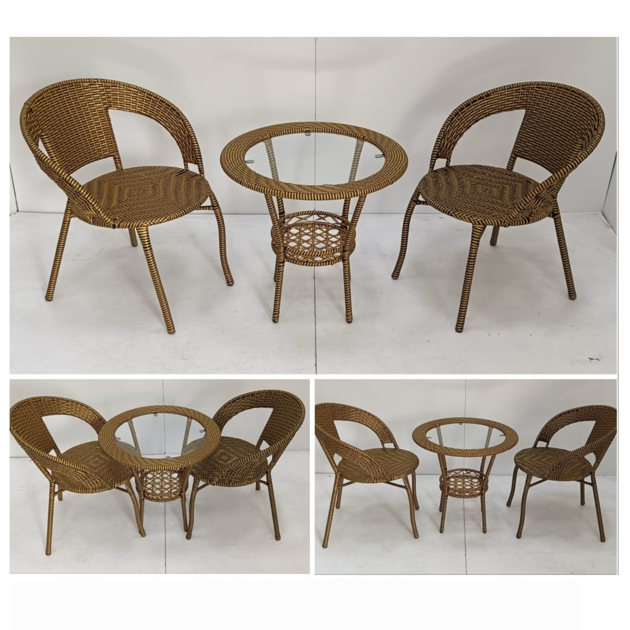Patio 3 Pieces Rattan Dining Set Table with Wicker Glass Top