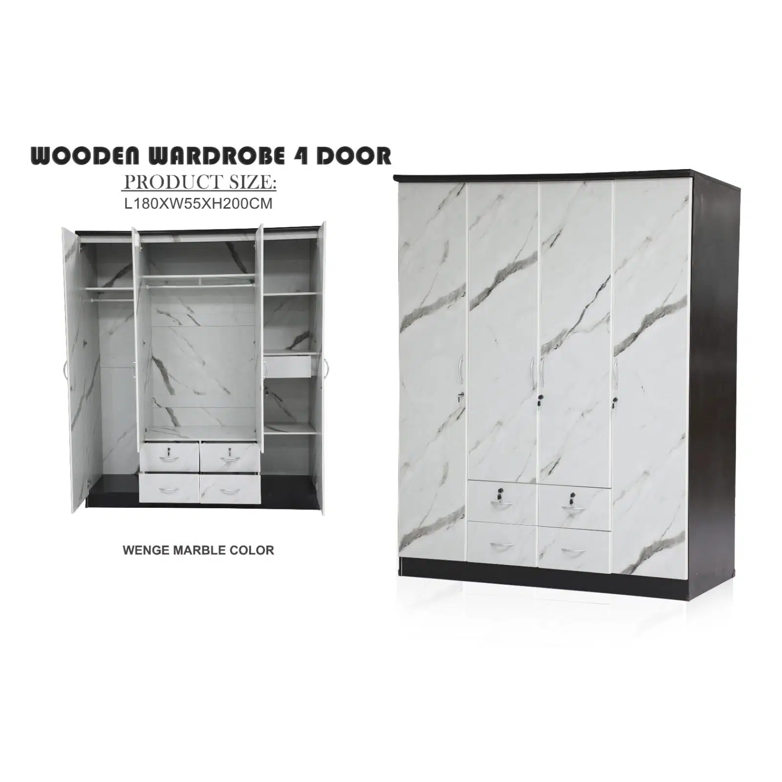 4 Door Marble Wardrobe with 4 Drawers – Wenge Marble