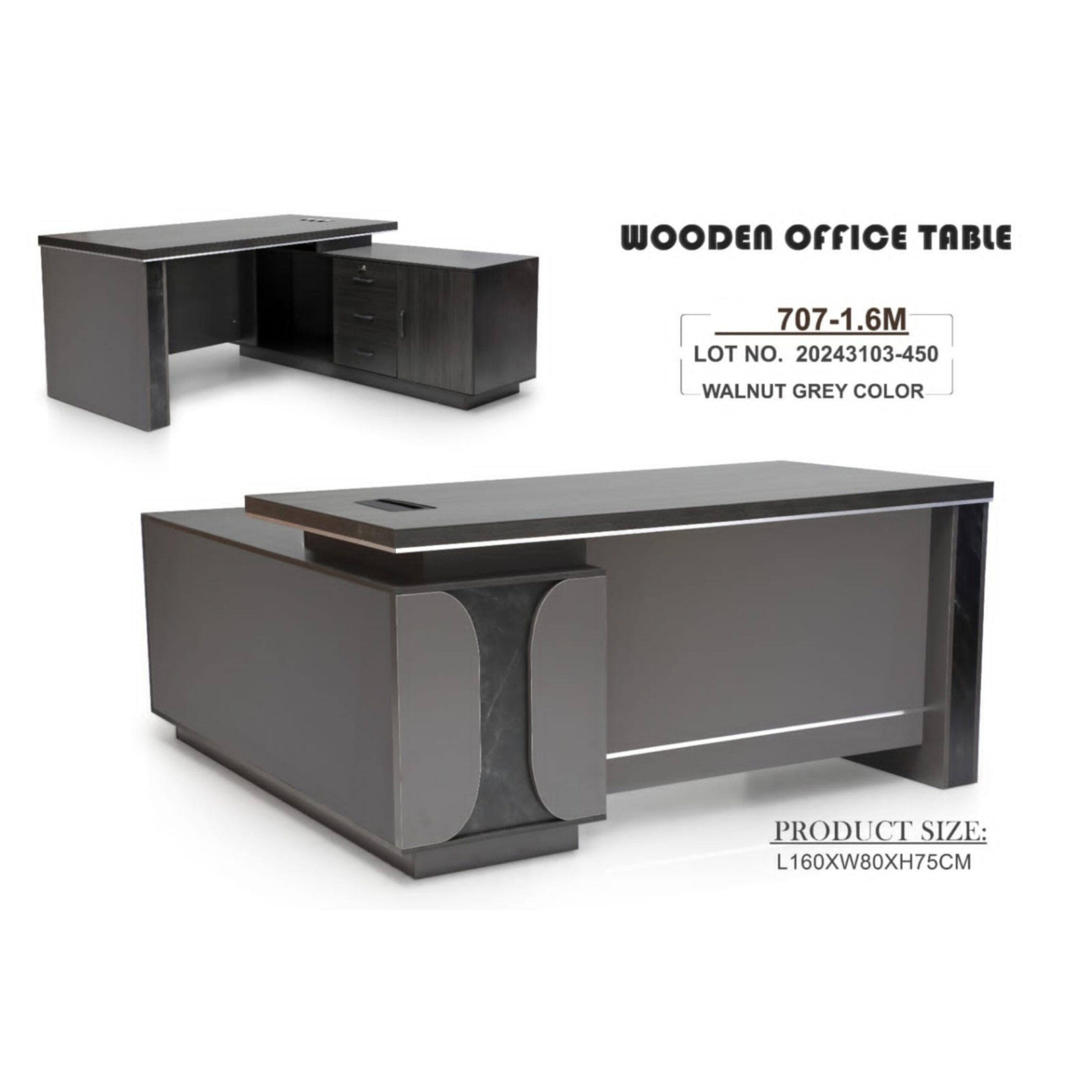 Iris Executive Office Desk With Drawers- Color Walnut Grey 160cm