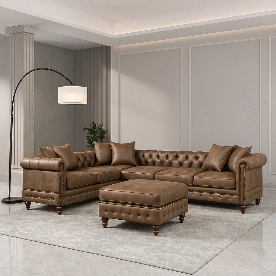 Crawford 4-Seater Faux Leather L-Shape Corner Sofa – Brown…