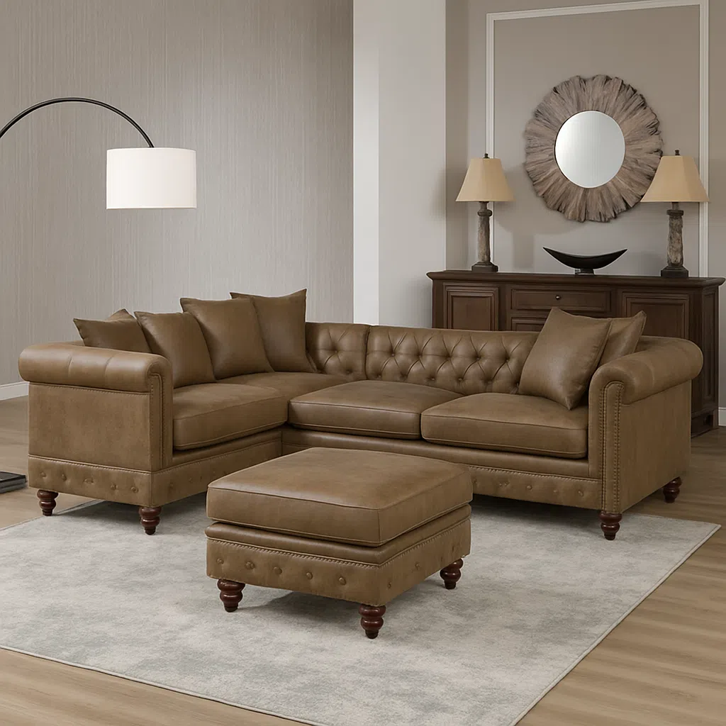 Crawford 4-Seater Faux Leather L-Shape Corner Sofa – Brown