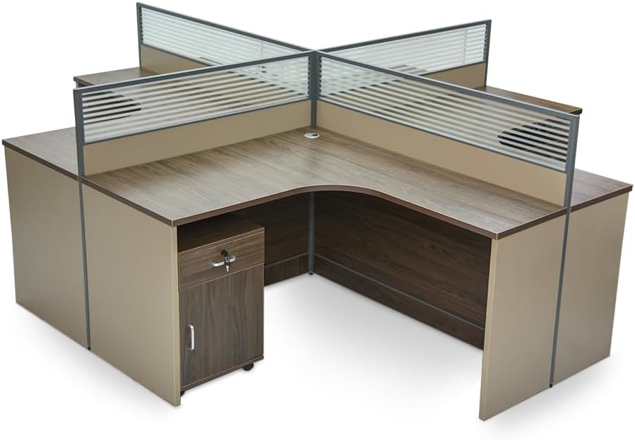 4-Person Workstation Desk With Table Top Screen Divider With Drawers- Ash Walnut