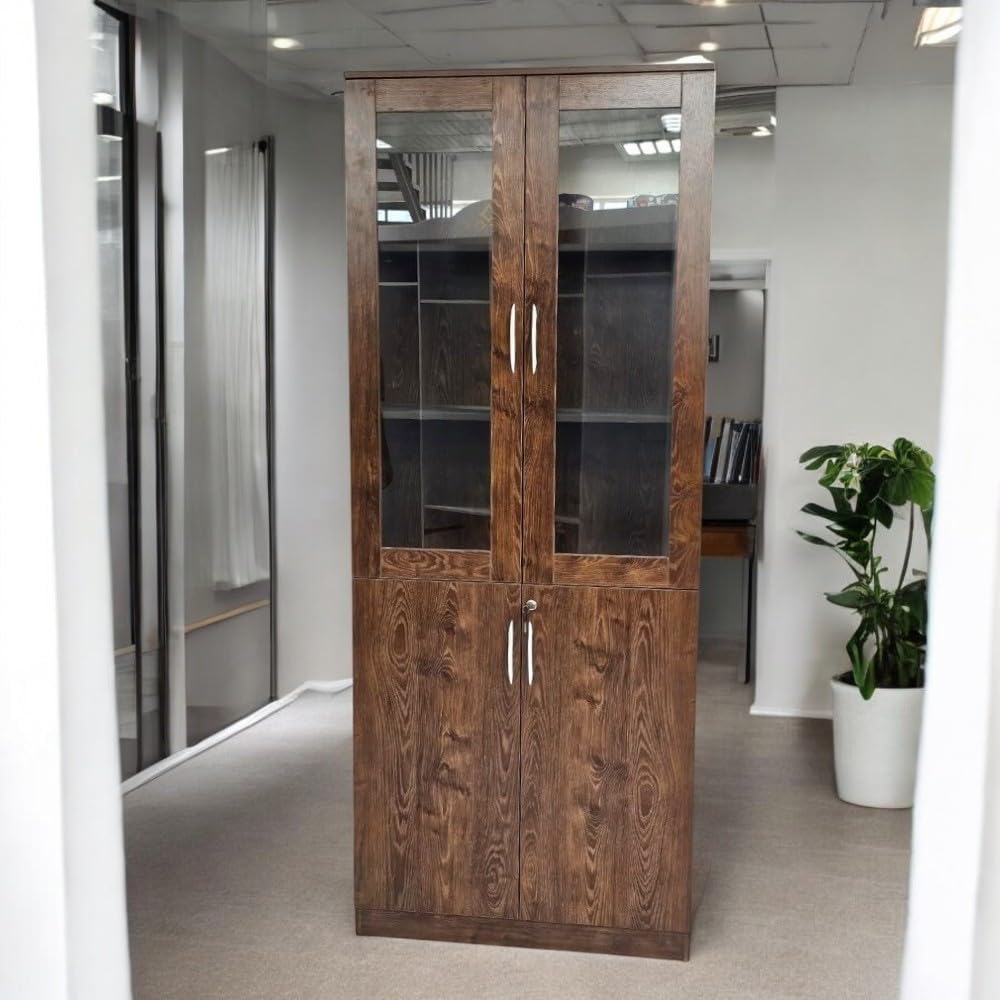 Redew Modern Wooden File Cabinet & Book Shelf Glass Door Golden oak