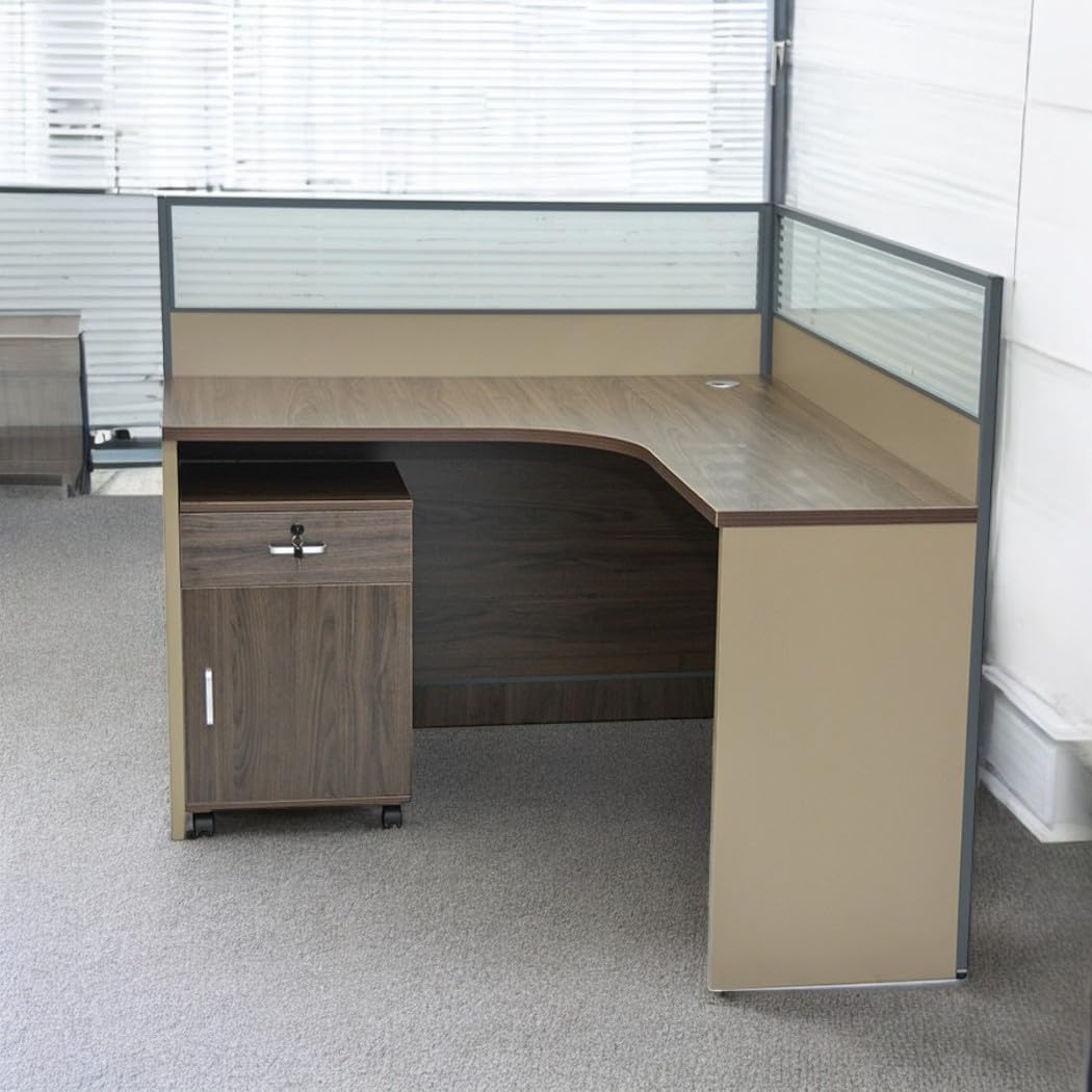 4-Person Workstation Desk With Table Top Screen Divider With Drawers- Ash Walnut