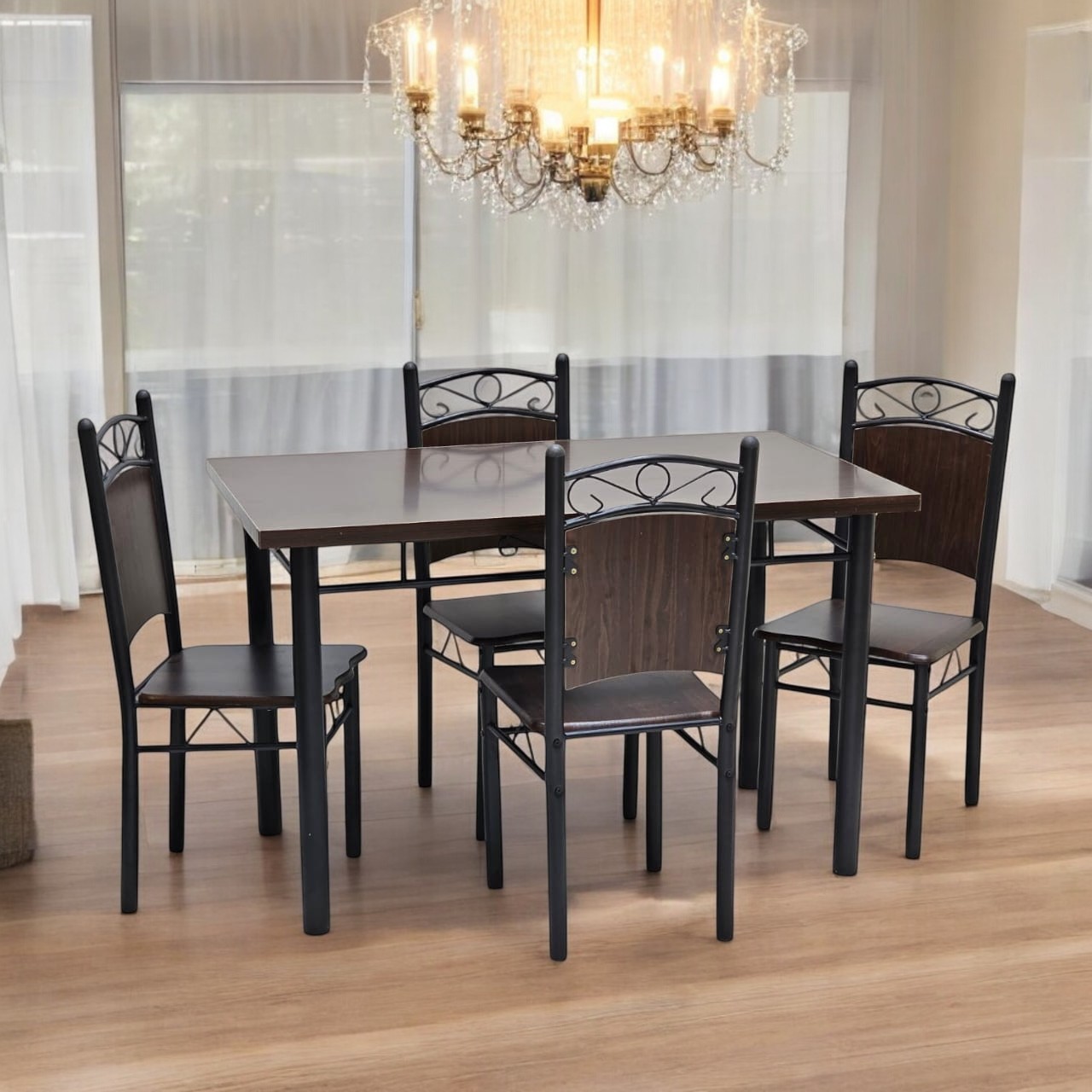 Wooden Steel Dining Table Set Walnut