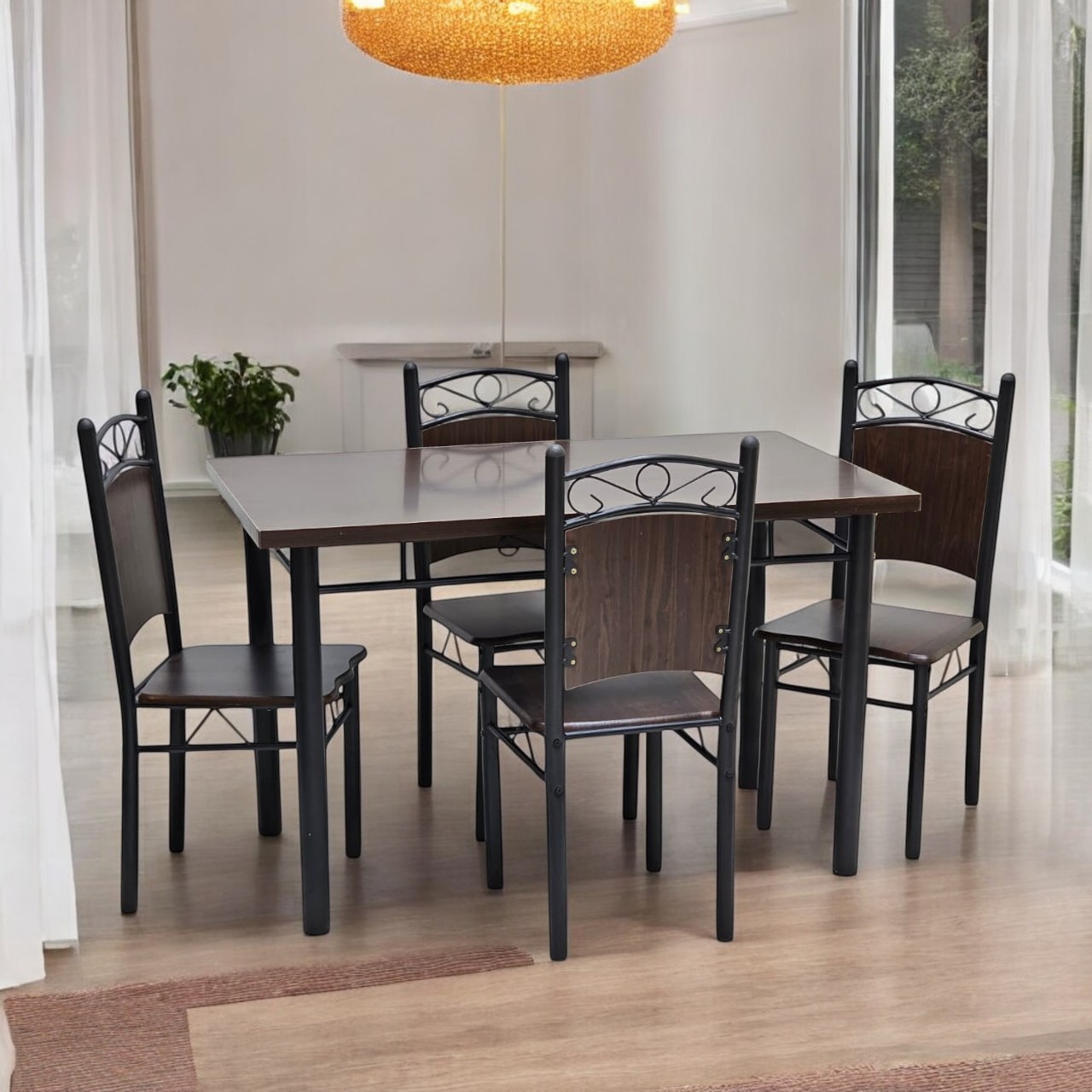 Wooden Steel Dining Table Set Walnut