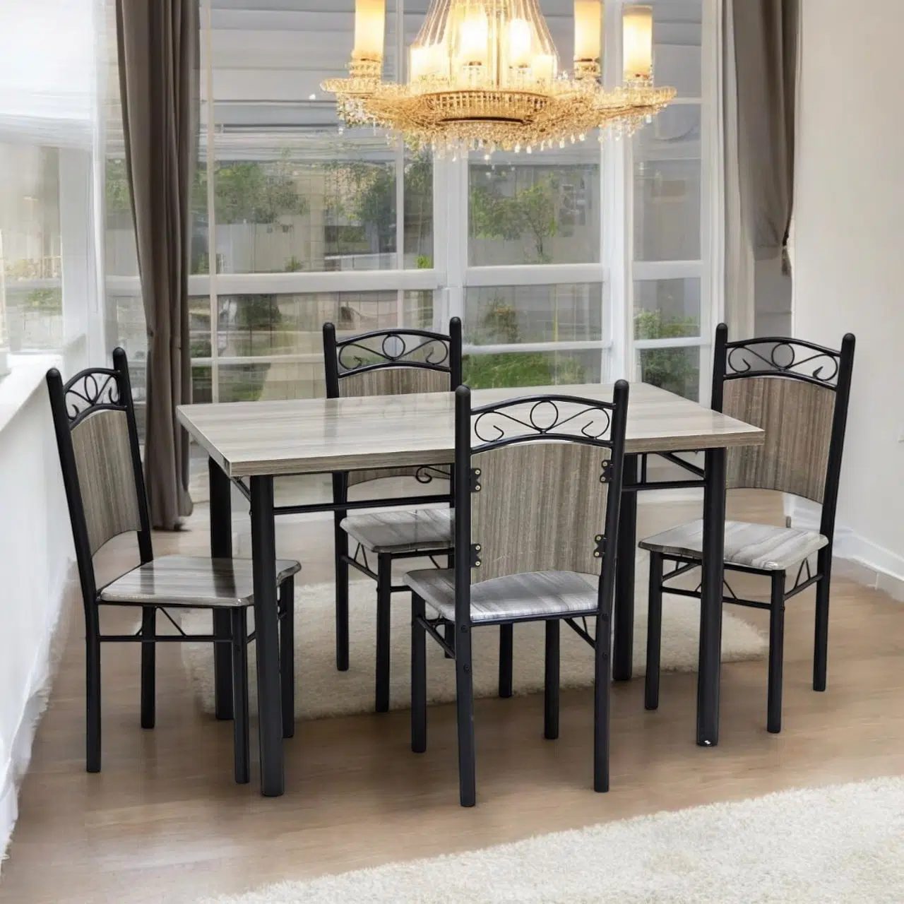 Wooden Steel Dining Table Set Grey