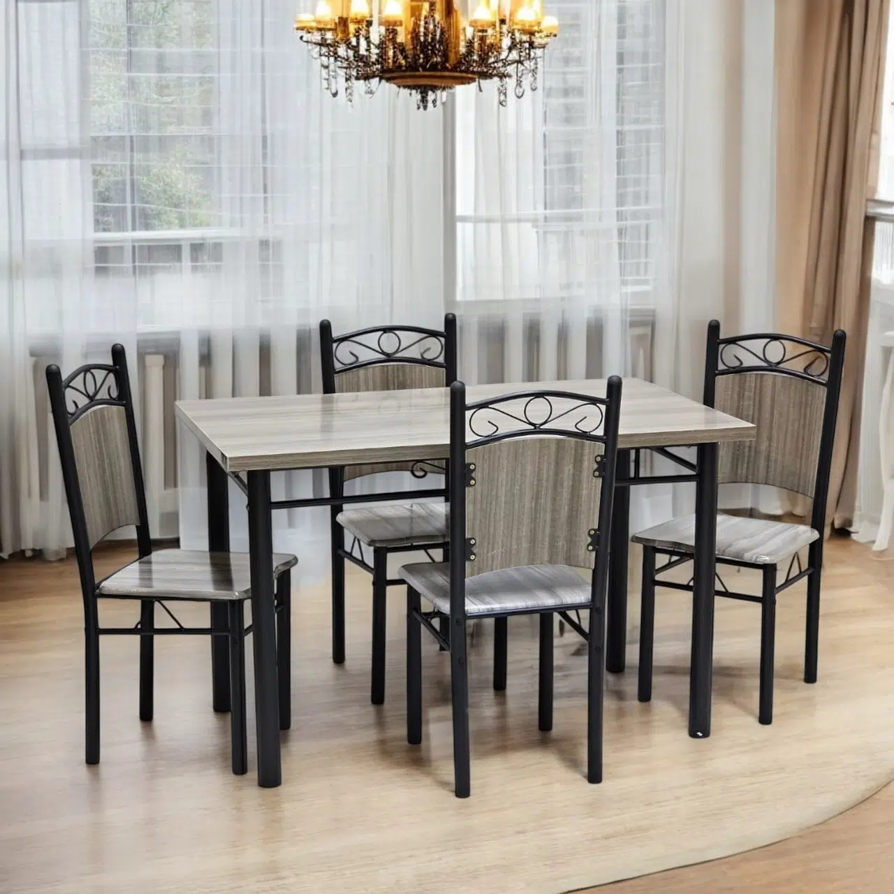 Wooden Steel Dining Table Set Grey