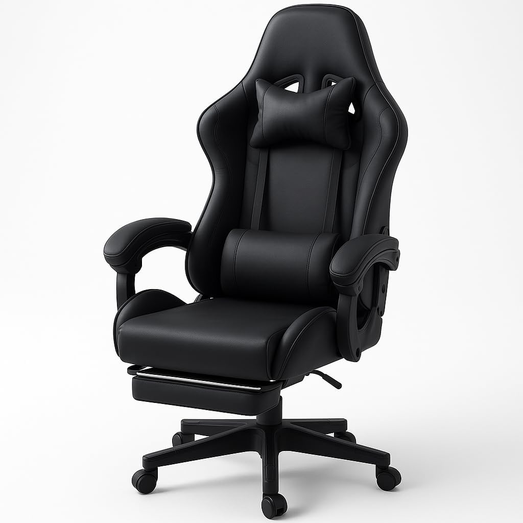 Ergonomic Gaming Chair with Footrest – High Back Recliner Office Chair with Lumbar Support & Headrest Pillow, Adjustable Swivel Rolling Chair