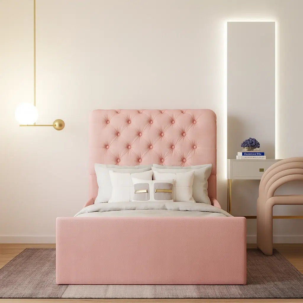 Blush Velvet Tufted Panel Bed