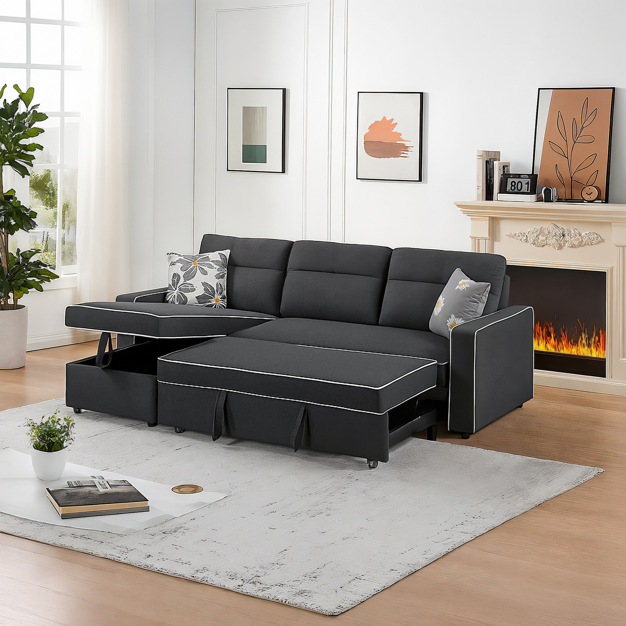 Hunter V2 3-Seater Diwan Sofa Cum Bed with Convertible Left/Right Chaise & In-Built Storage | Textured Finish | Space-Saving Living Room Furniture