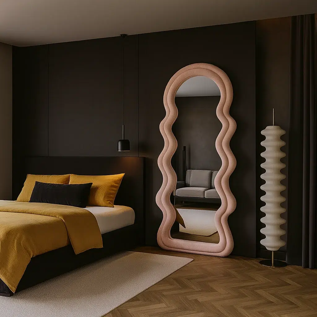 Wavy Pink Velvet Floor Mirror