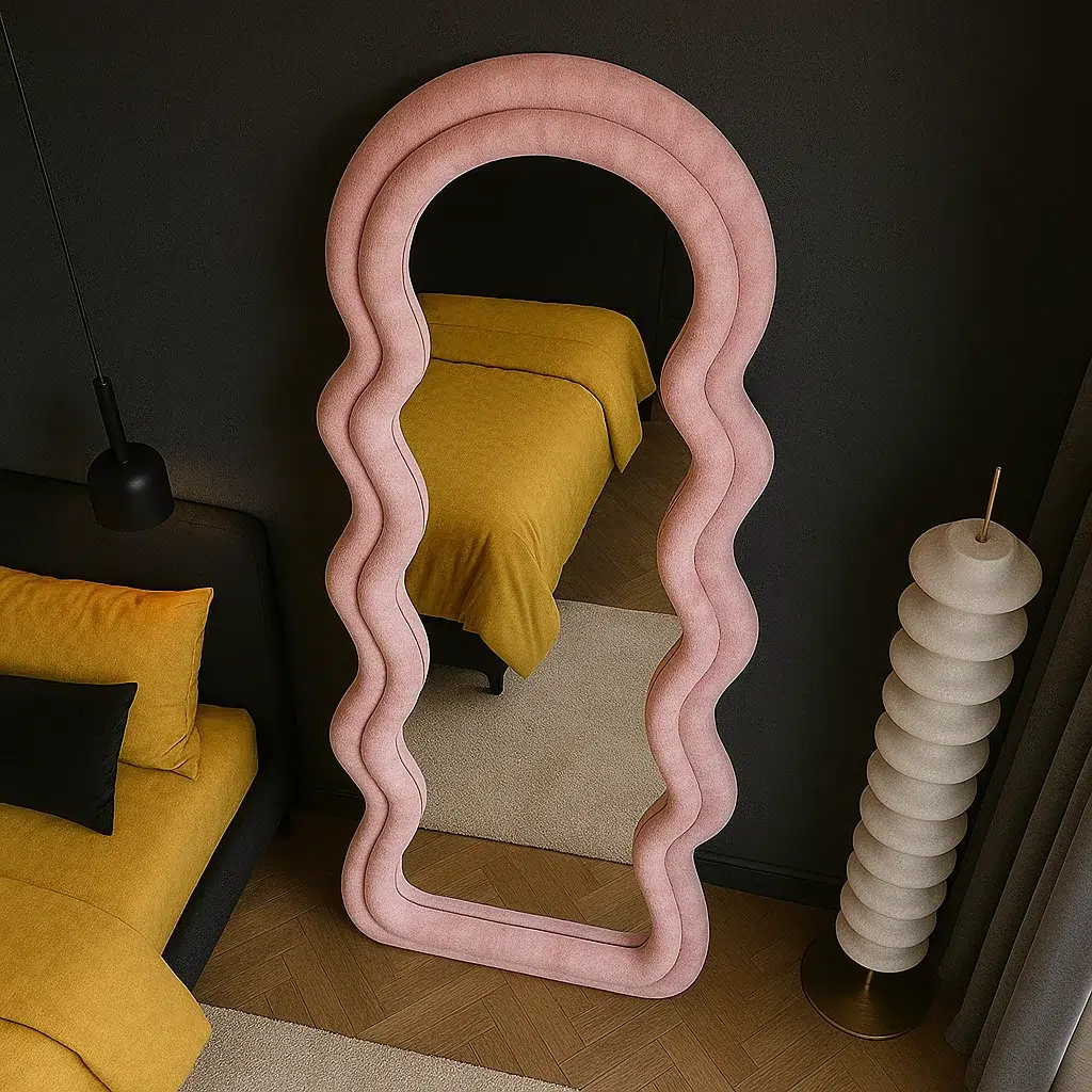 Wavy Pink Velvet Floor Mirror