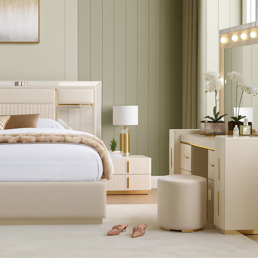 Luxury Verona 5-Piece Beige Bedroom Set with Vanity Mirror