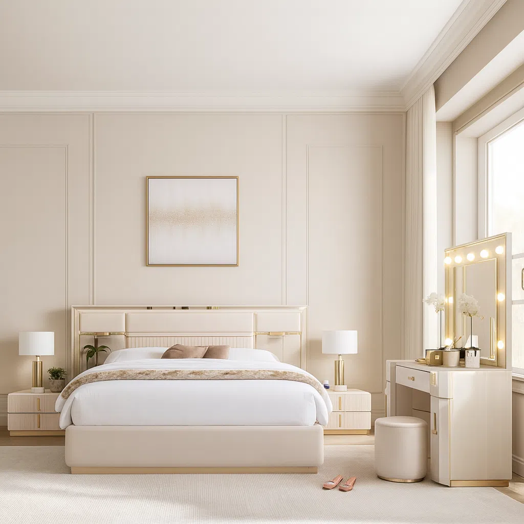 Luxury Verona 5-Piece Beige Bedroom Set with Vanity Mirror