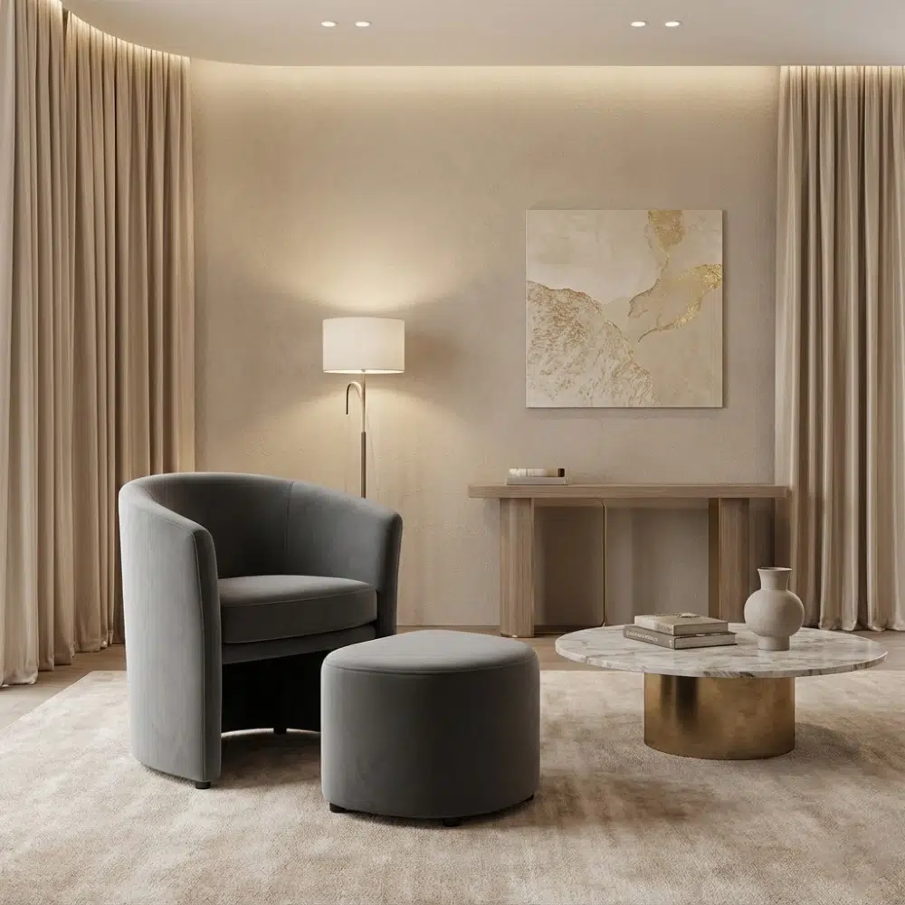 Velvet Armchair and Ottoman