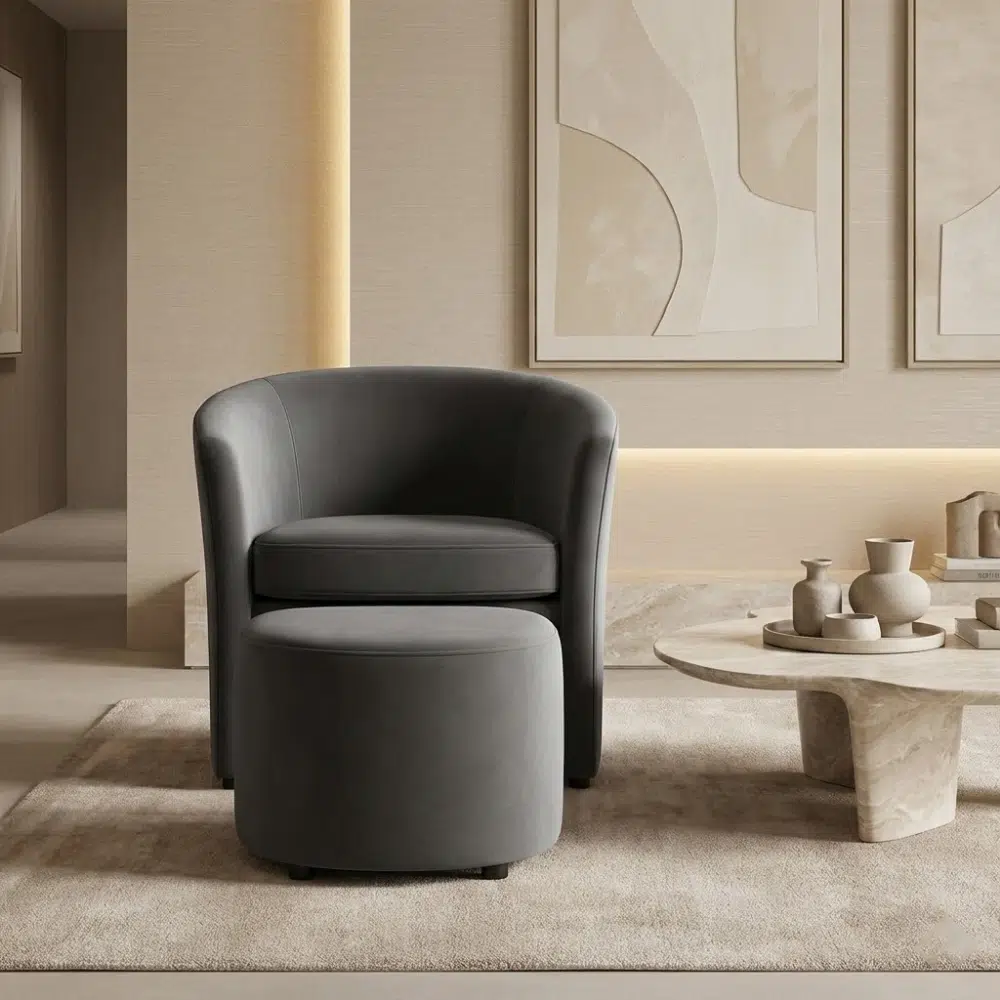 Velvet Armchair and Ottoman