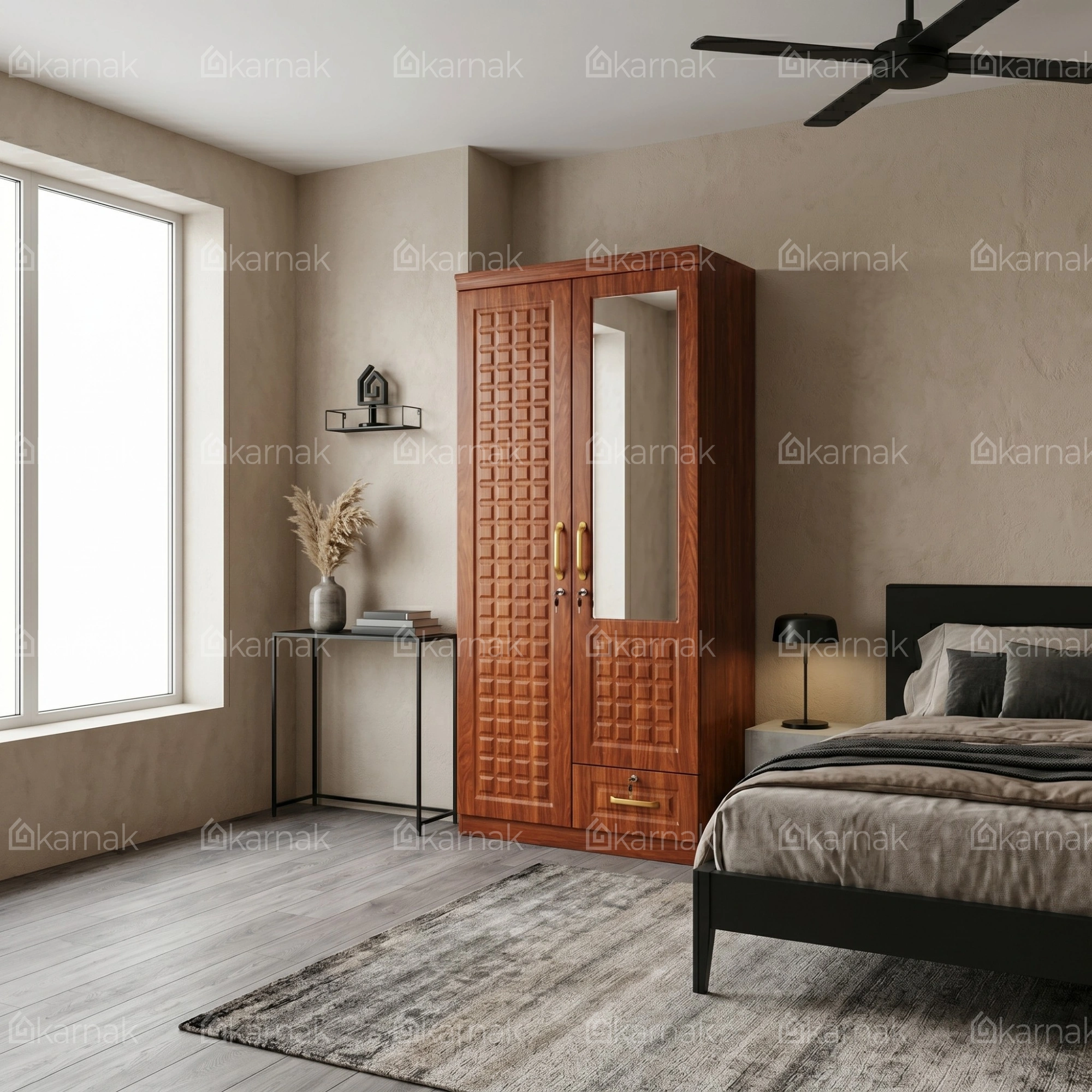 Braisen 2 Door Wooden Wardrobe with Mirror