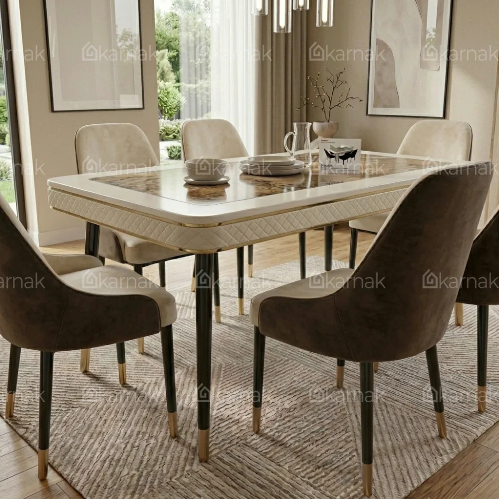 Gorge Dining Set with Marble Ceramic Top 1+6 – Beige Brown