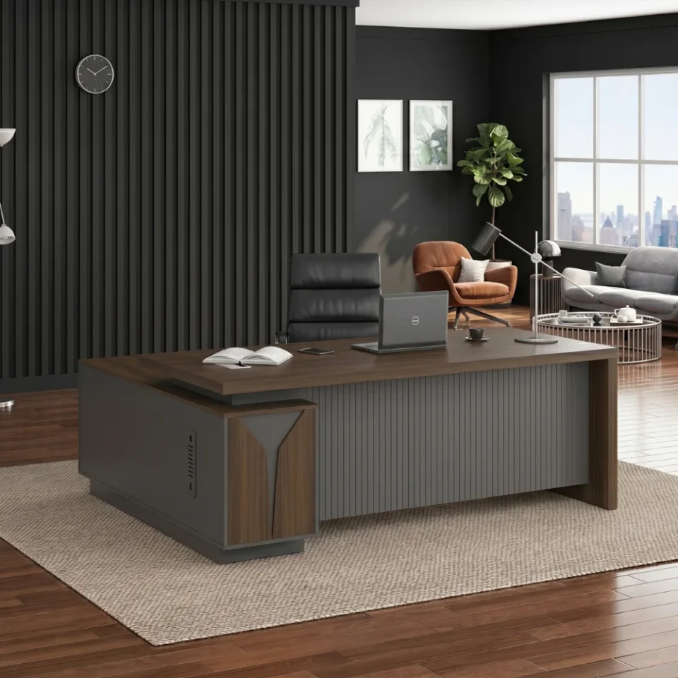 Elite L-Shaped Executive Office Table – Walnut & Grey…