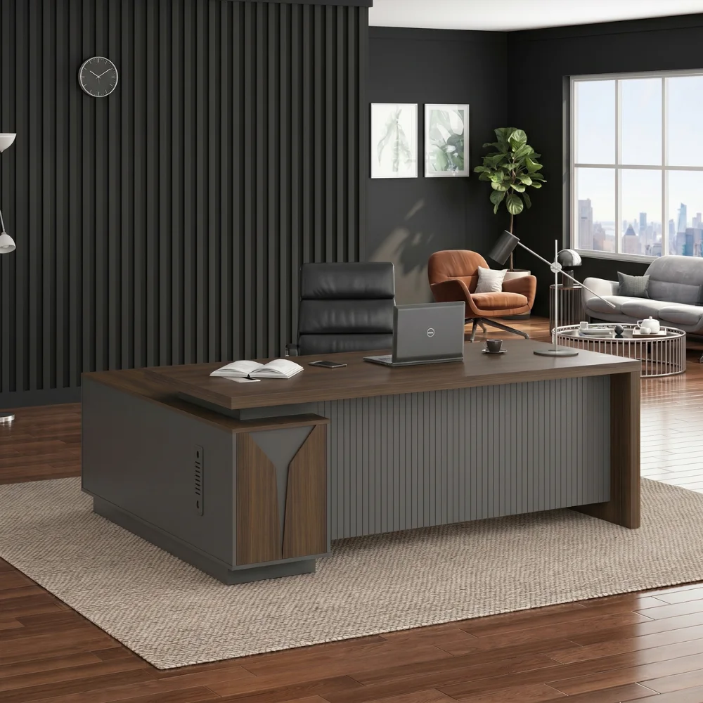 Elite L-Shaped Executive Office Table – Walnut & Grey