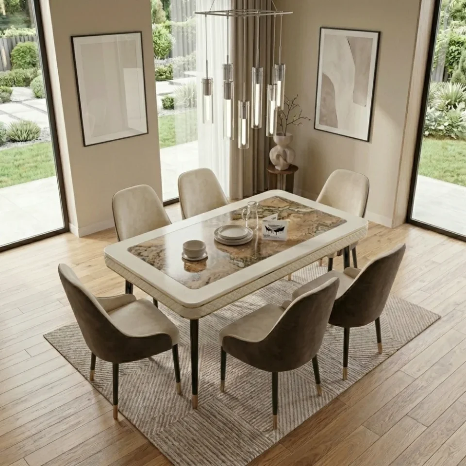 Gorge Dining Set with Marble Ceramic Top 1+6 – Beige Brown…